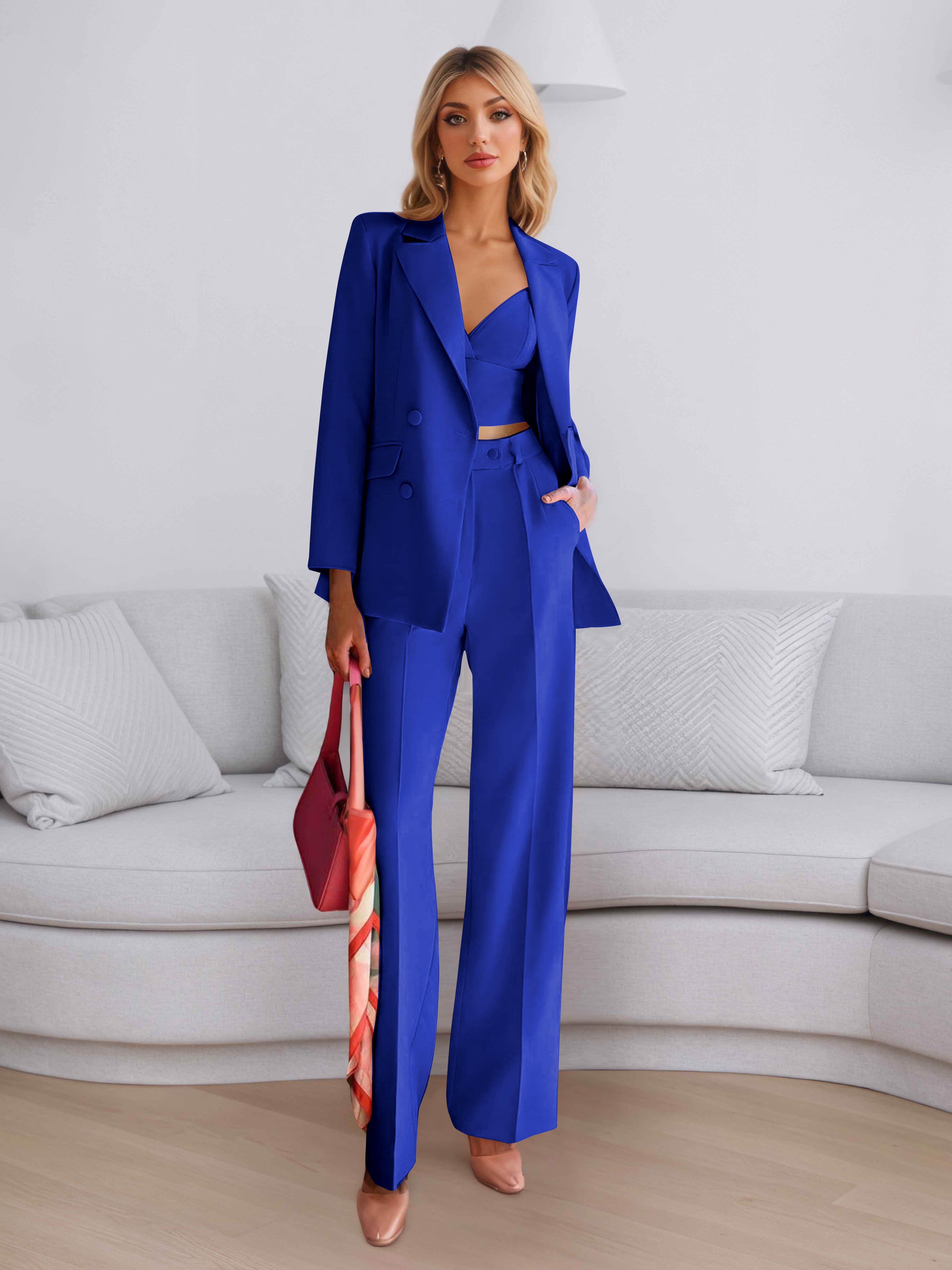 Elegant Women's 3 Pieces Solid Formal Blazer and Pants Suit Set UK