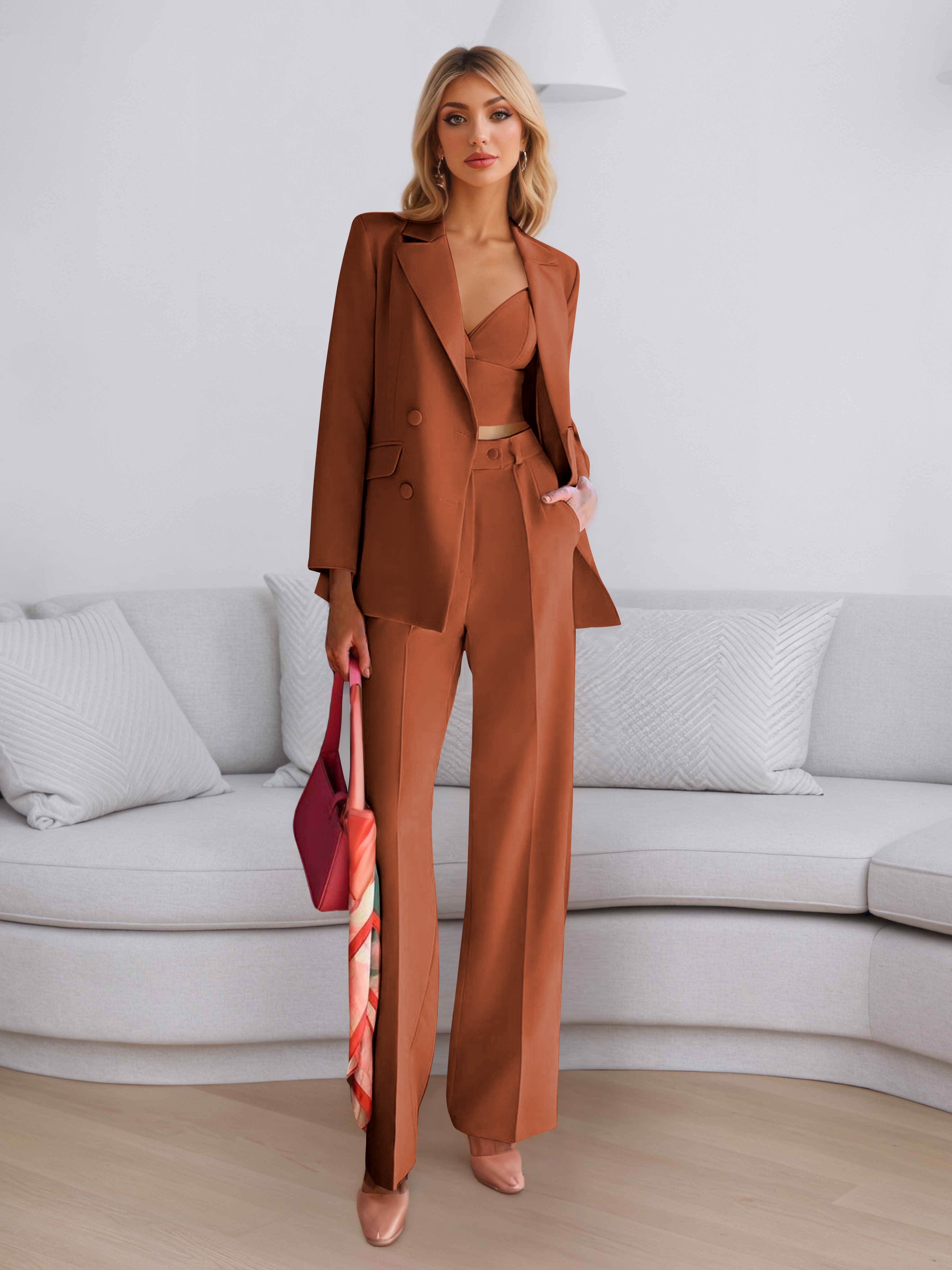 Elegant Women's 3 Pieces Solid Formal Blazer and Pants Suit Set UK