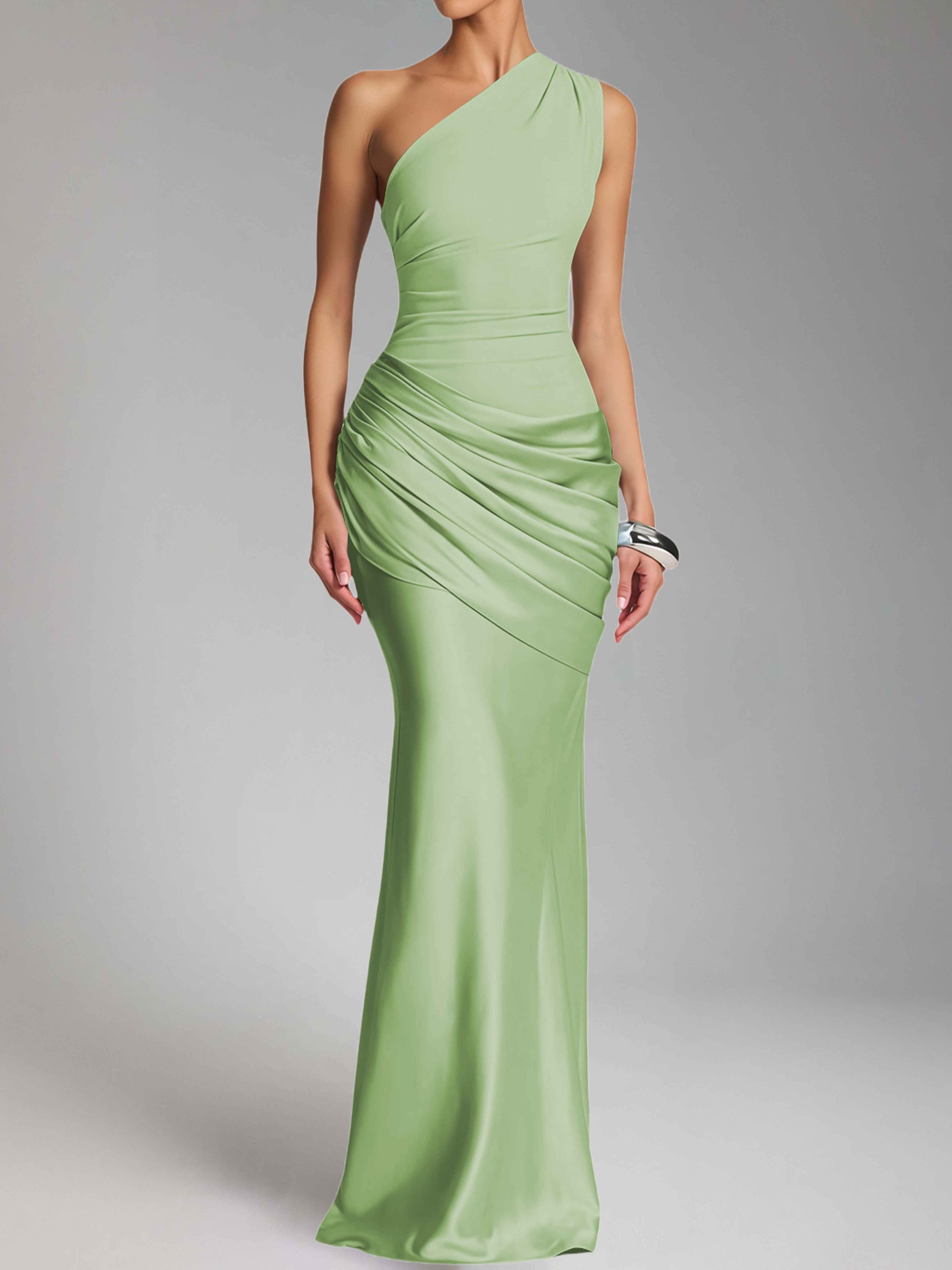 Jaelithra Elegant One Shoulder Pleated Satin Long Prom Dresses