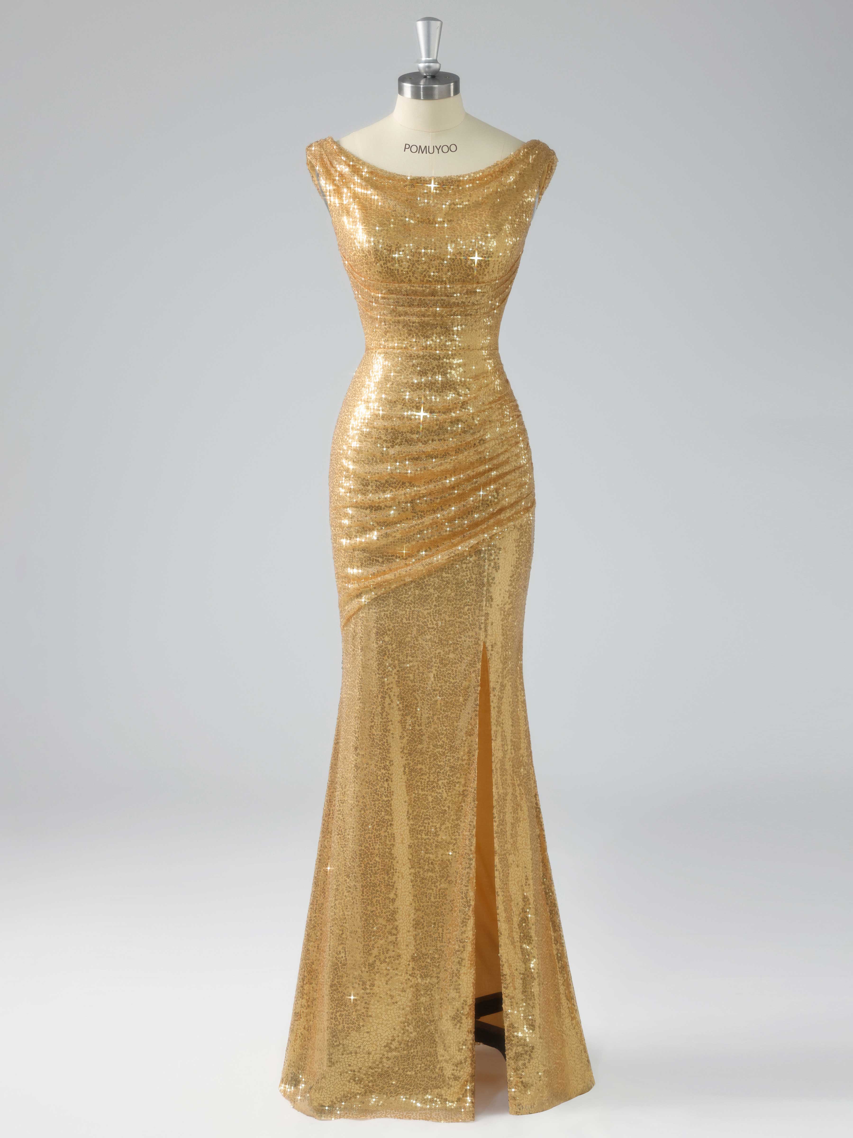 Sexy Cowl Mermaid Ruched Slit Floor Length Sequins Prom Dresses UK