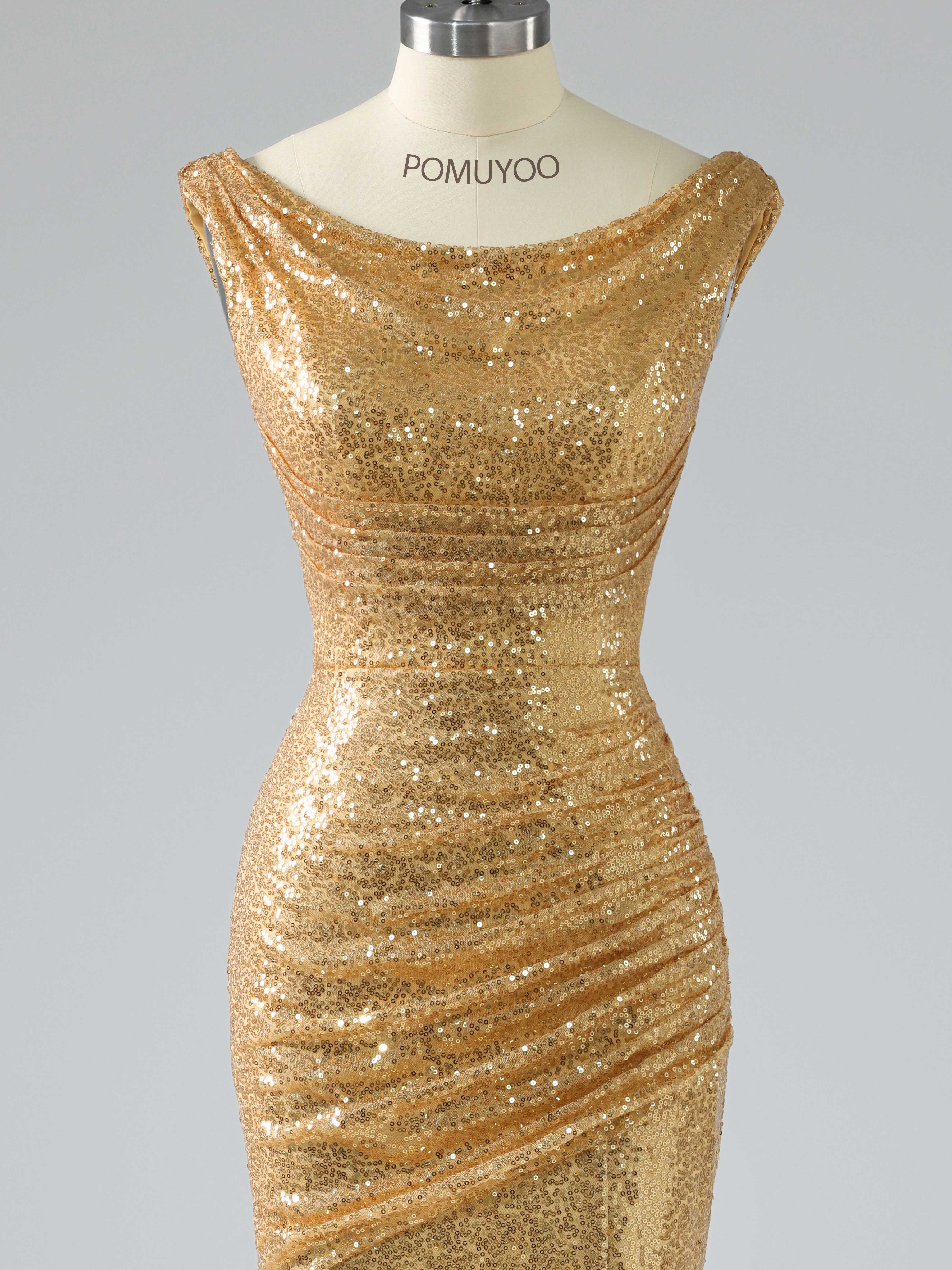 Sexy Cowl Mermaid Ruched Slit Floor Length Sequins Prom Dresses UK