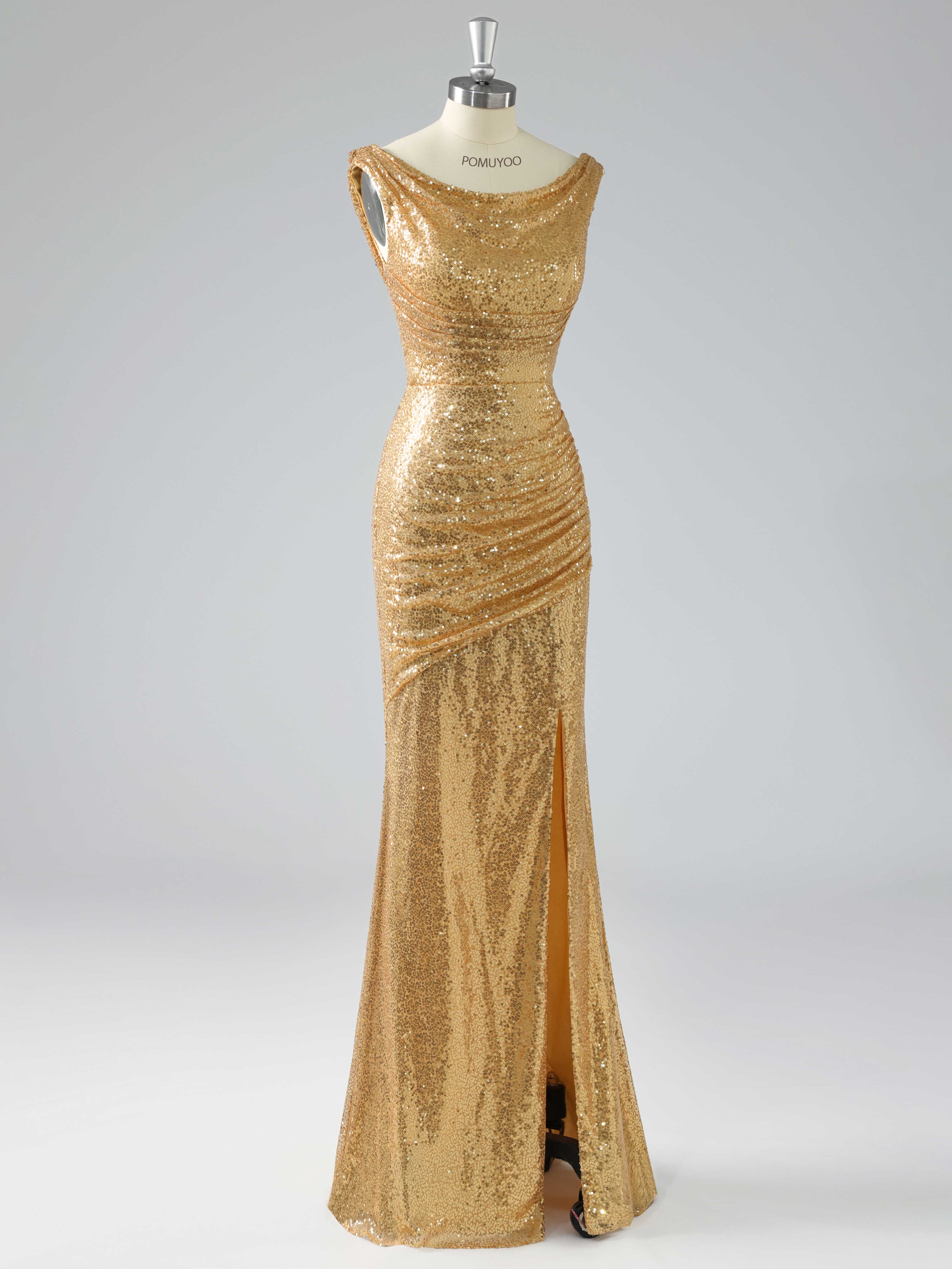 Sexy Cowl Mermaid Ruched Slit Floor Length Sequins Prom Dresses UK