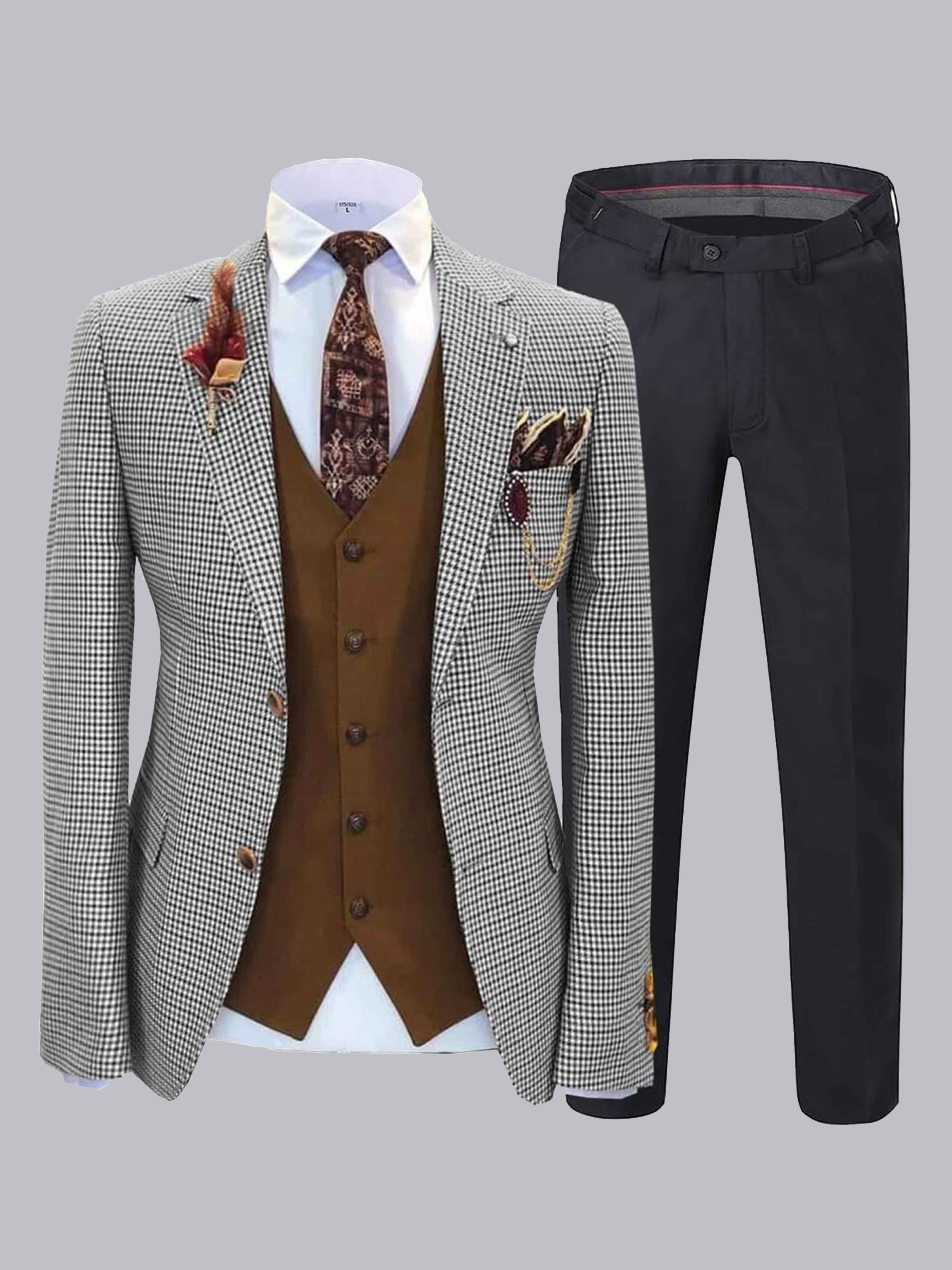 3 Pieces Men's Houndstooth Notch Lapel Two Buttons Suit UK