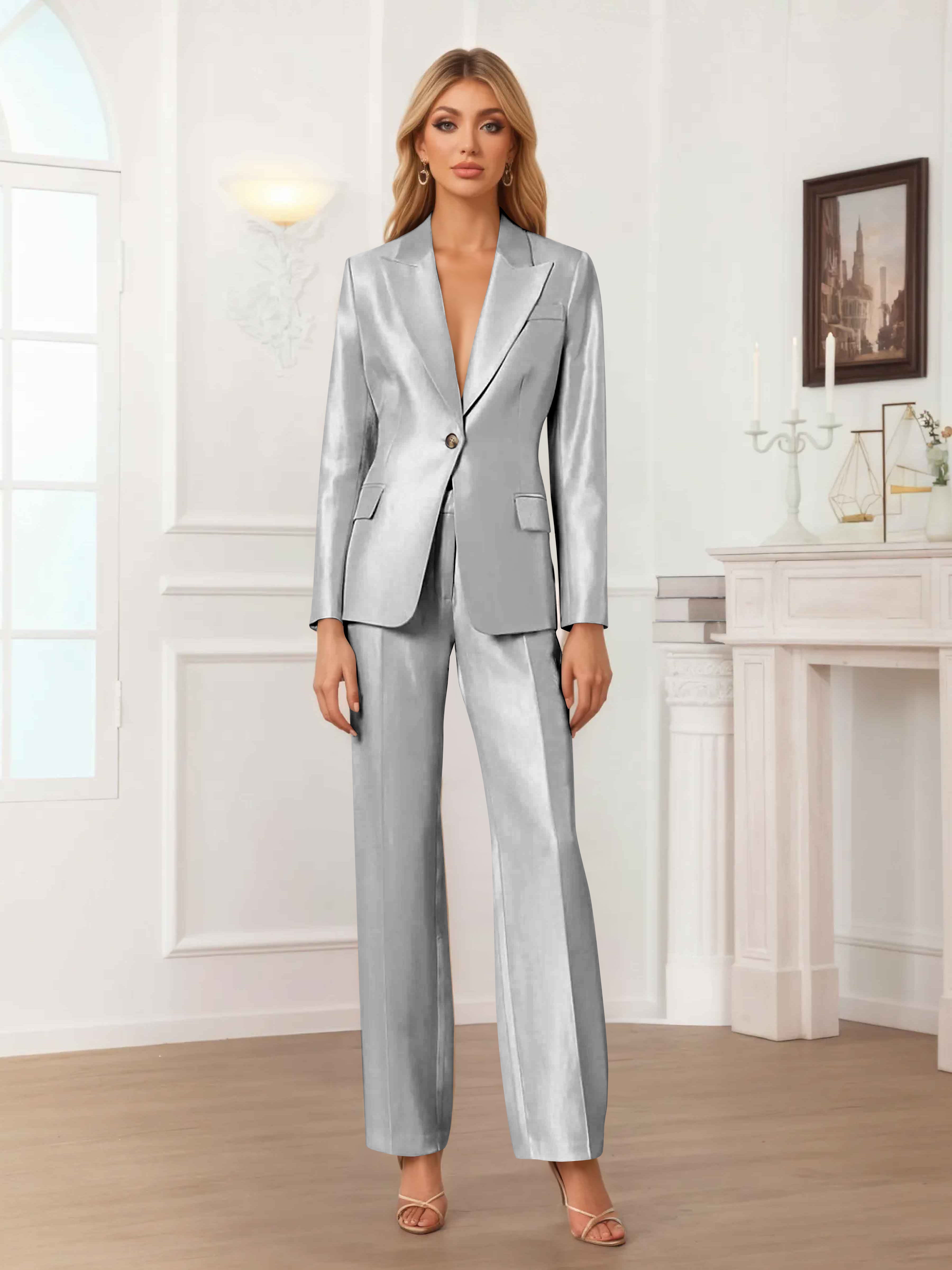 Women's 2 Pieces Peak Lapel One-Button Satin Formal Suit Set UK