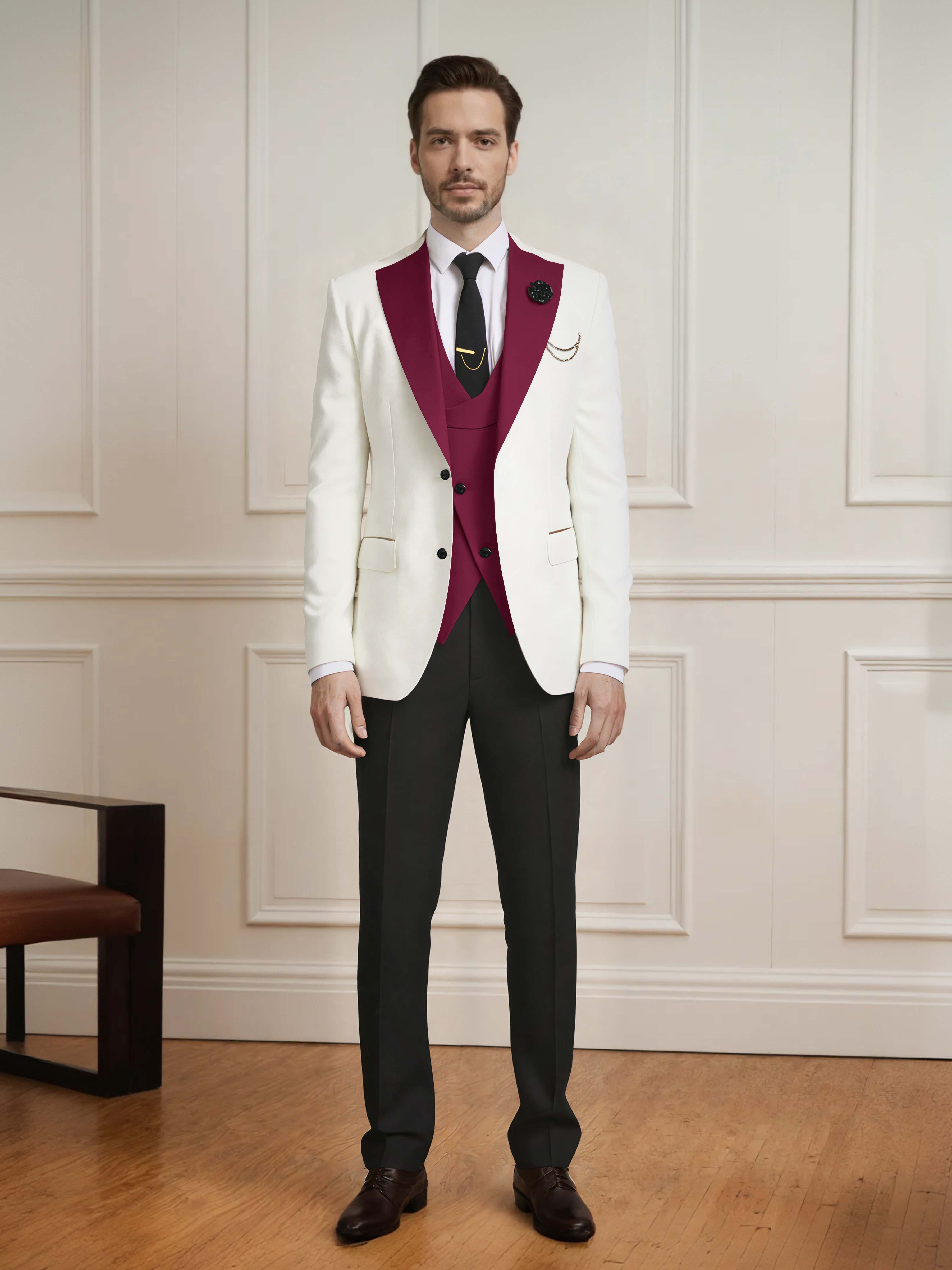 Smart Men's Two Button Contrast Finishes 3 Pieces Guest Suits