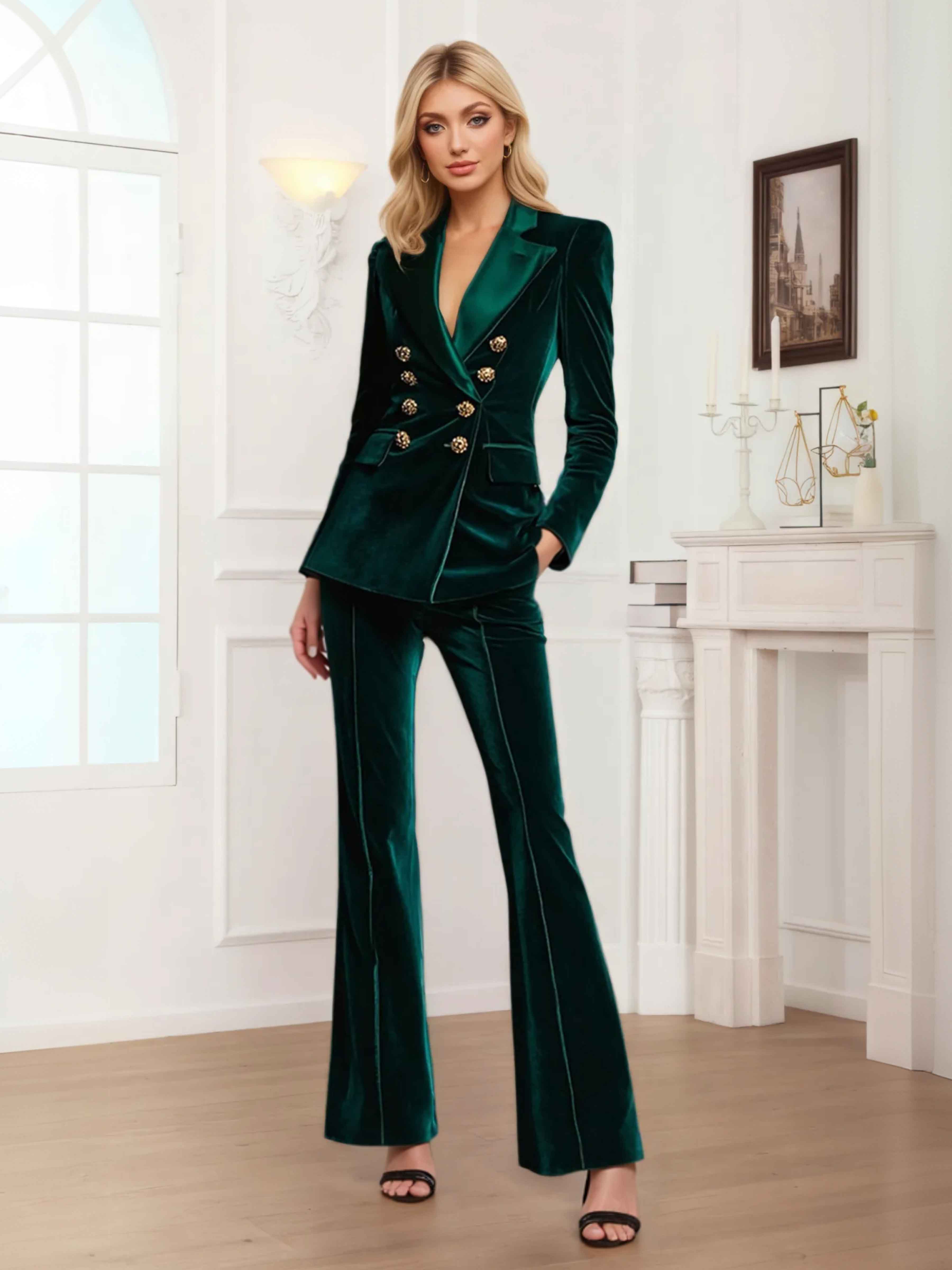 Sophisticated Women's Velvet Double Breasted Formal Suit Set UK