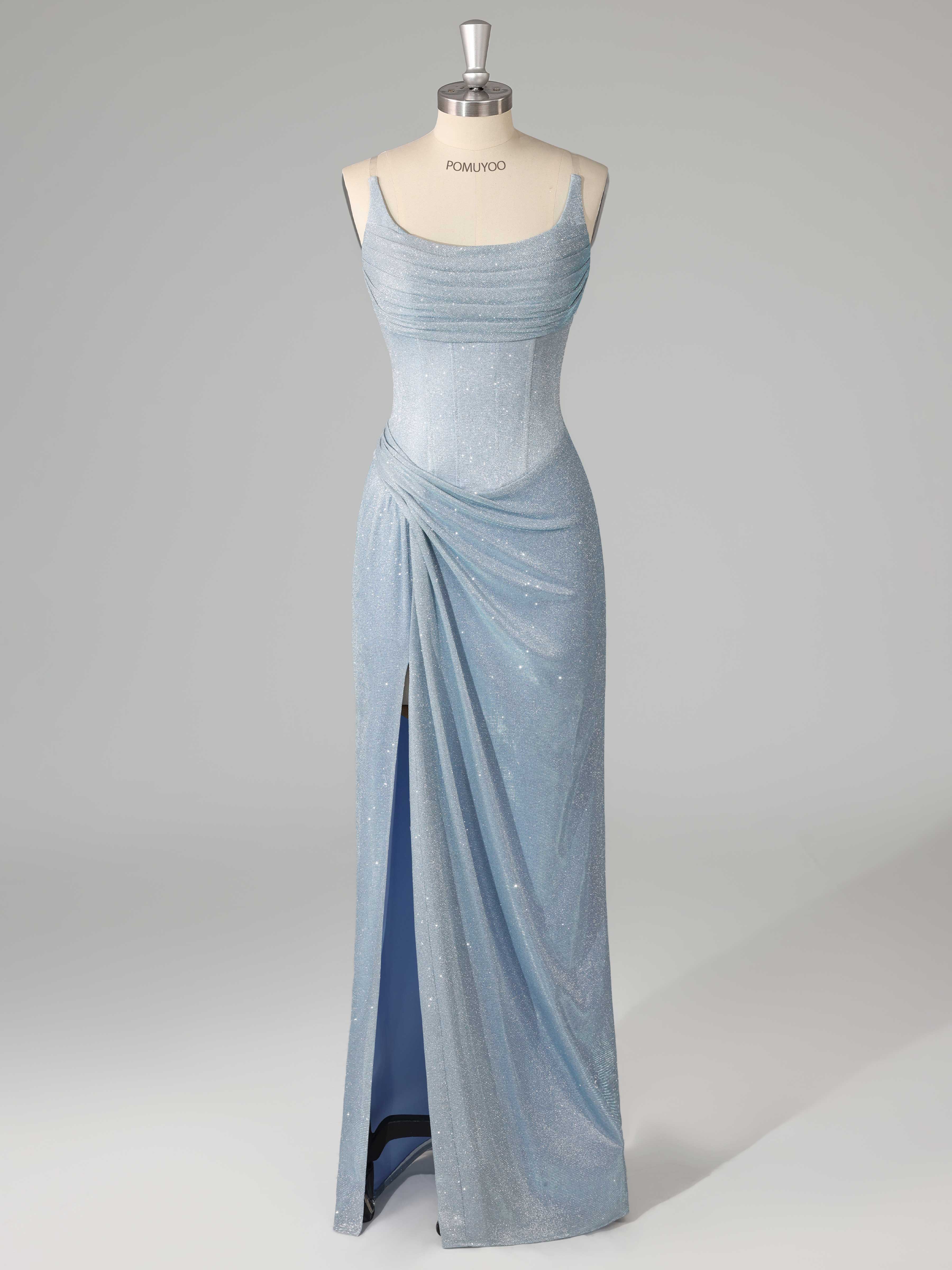 Sparkly Sheath Spaghetti Straps Corset Pleated Slit Prom Dresses UK