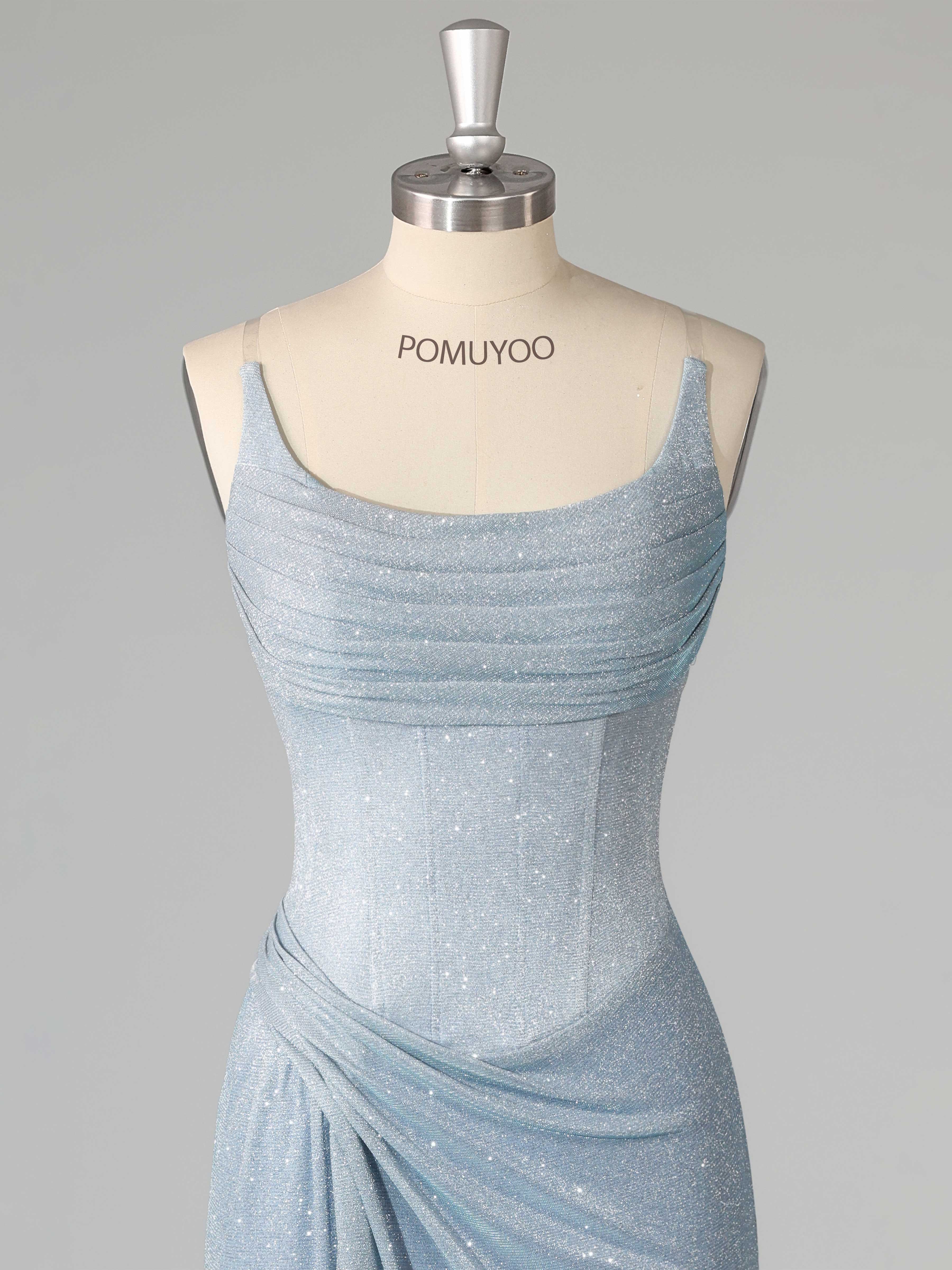 Sparkly Sheath Spaghetti Straps Corset Pleated Slit Prom Dresses UK