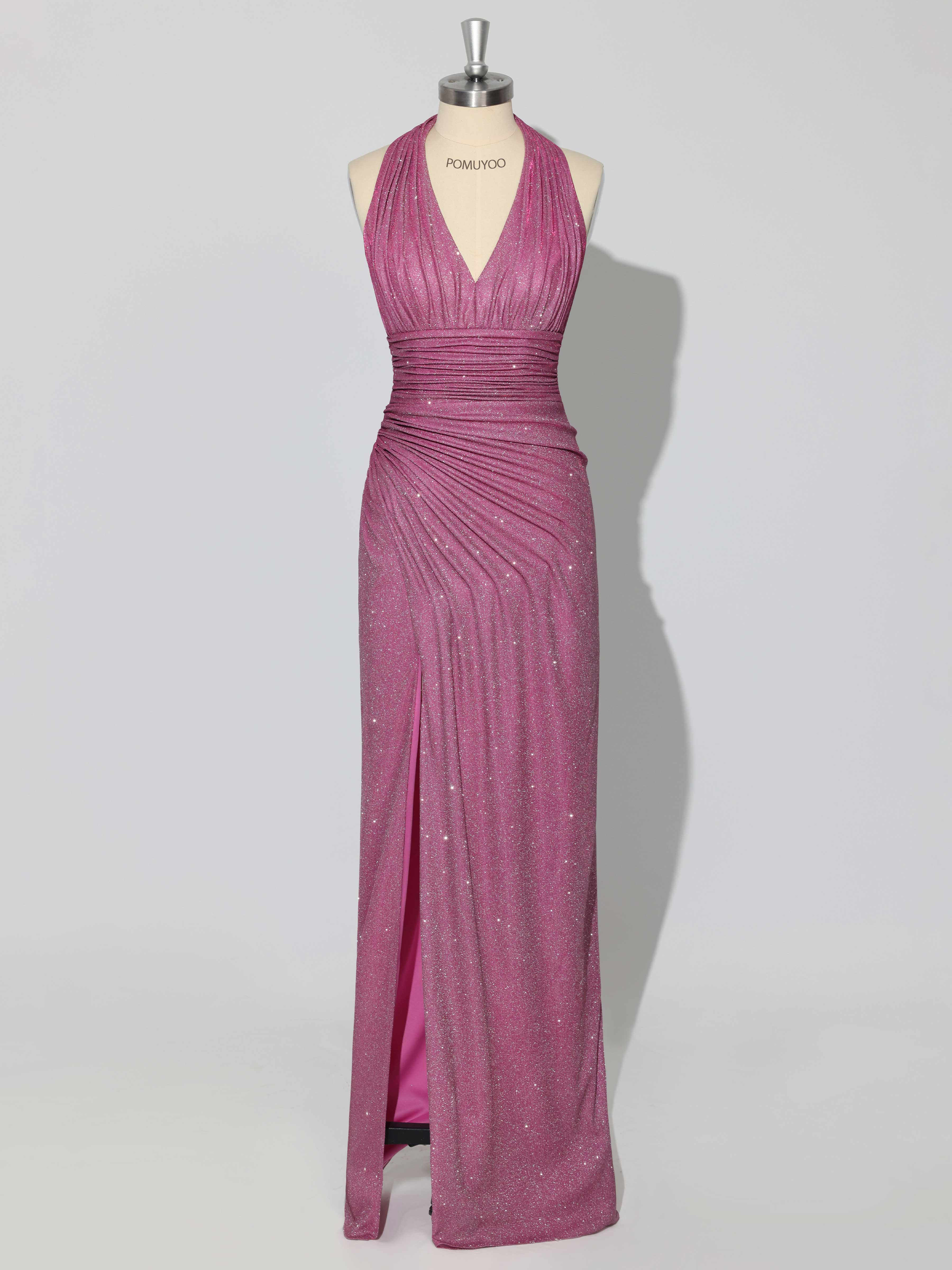 Stunning Halter V Neck Sheath Ruched Slit Long Prom Dresses UK