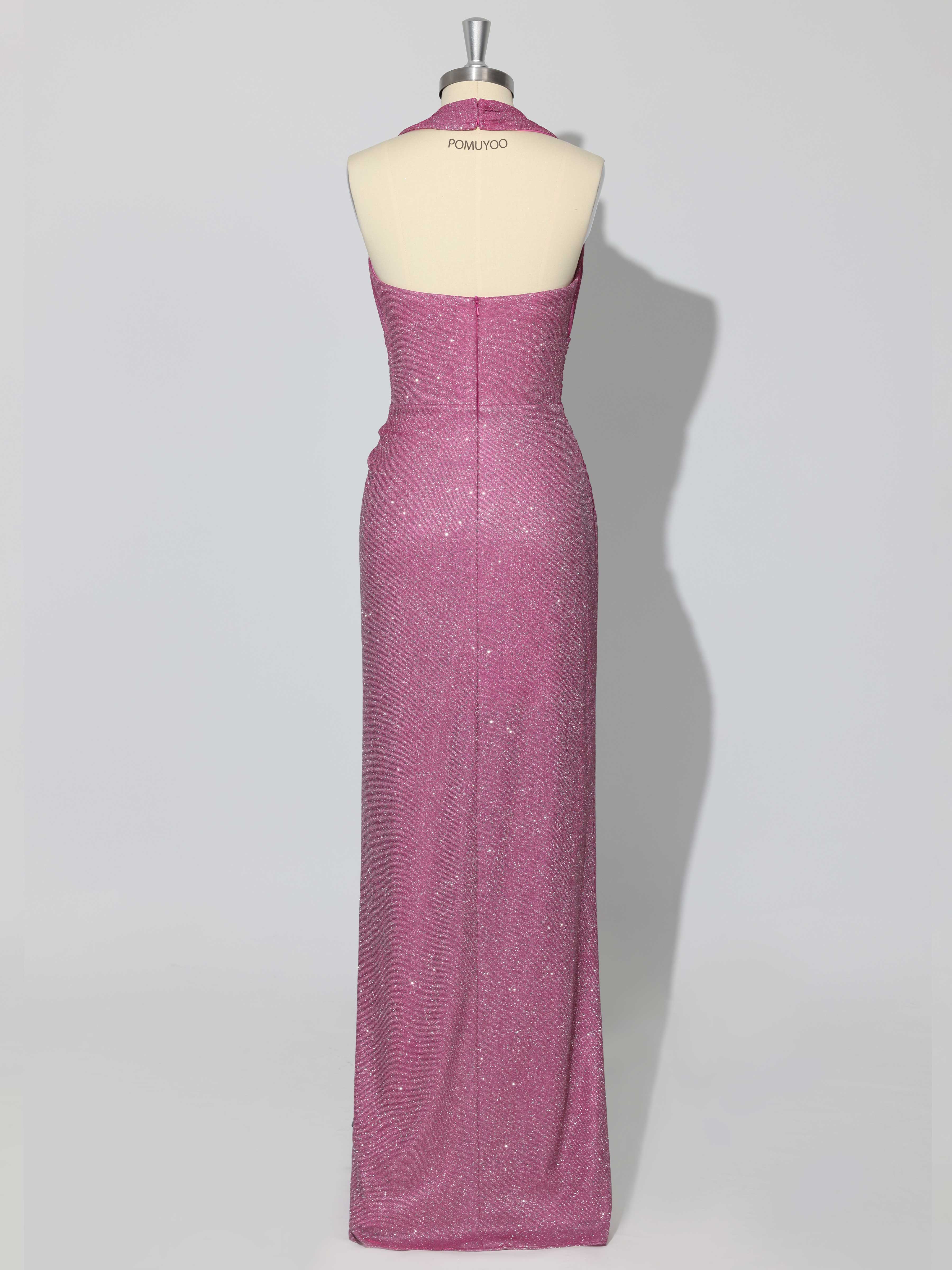 Stunning Halter V Neck Sheath Ruched Slit Long Prom Dresses UK