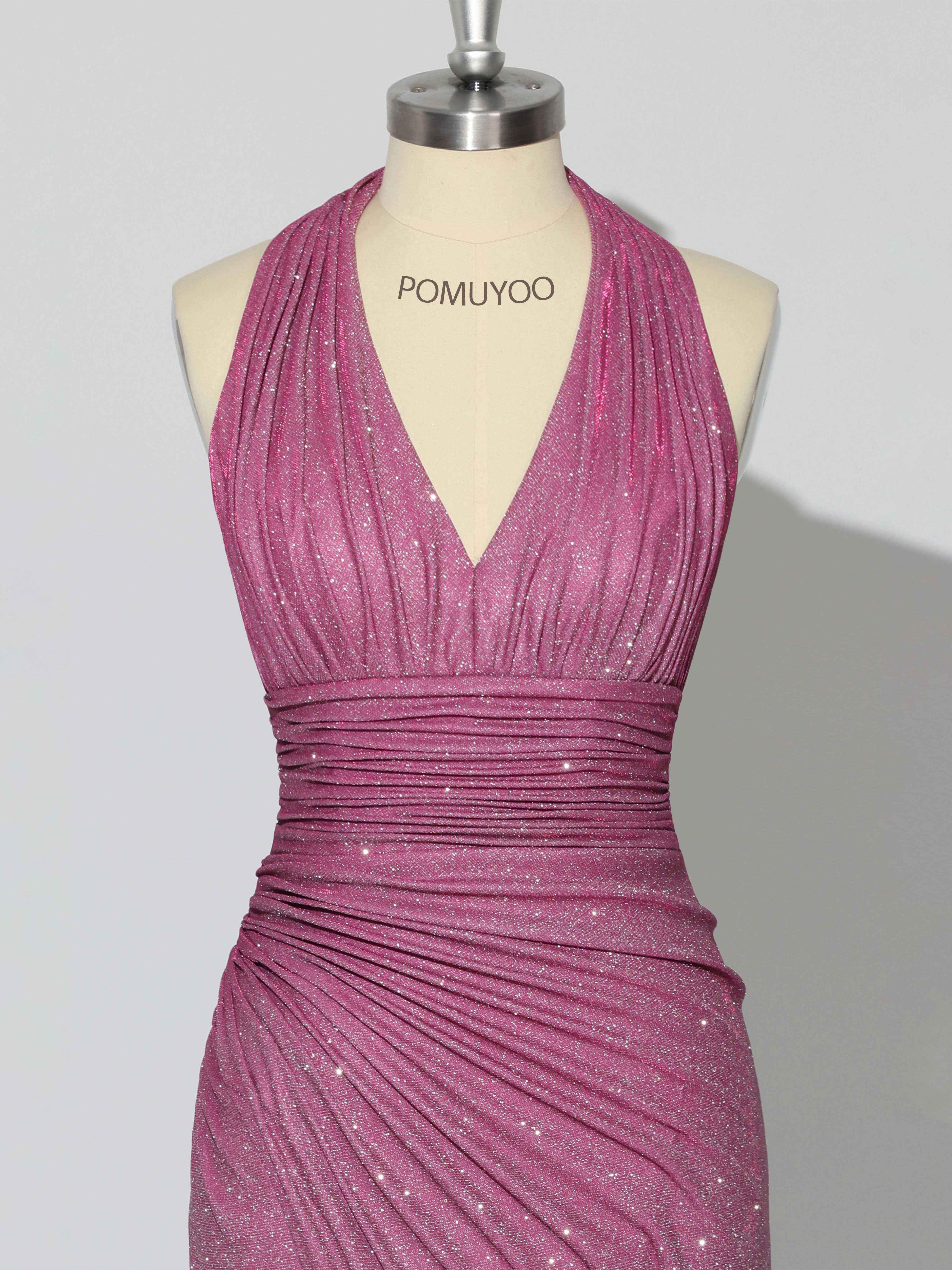 Stunning Halter V Neck Sheath Ruched Slit Long Prom Dresses UK