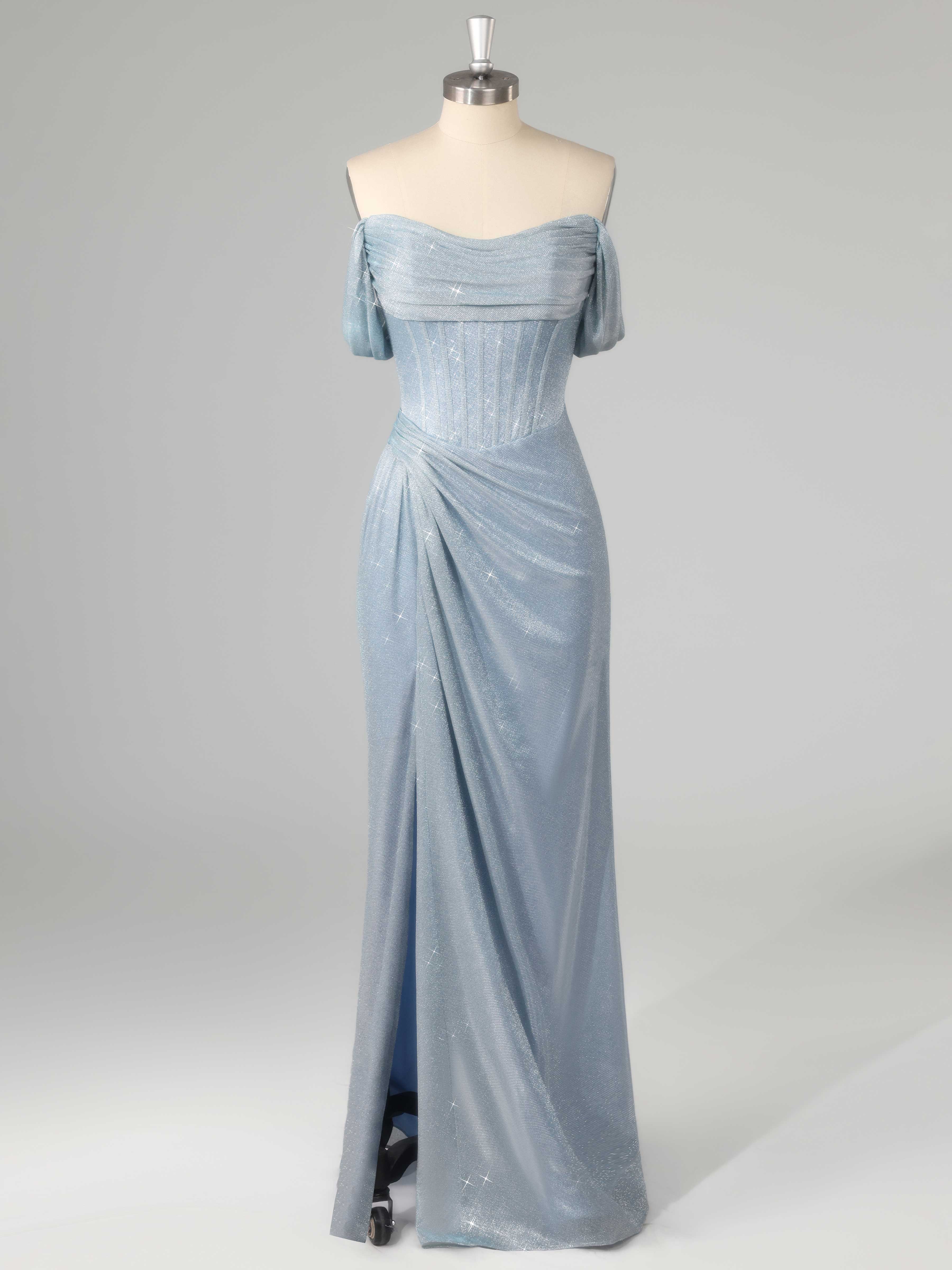 Stunning Off the Shoulder Corset Slit Floor Length Glitter Prom Dresses UK