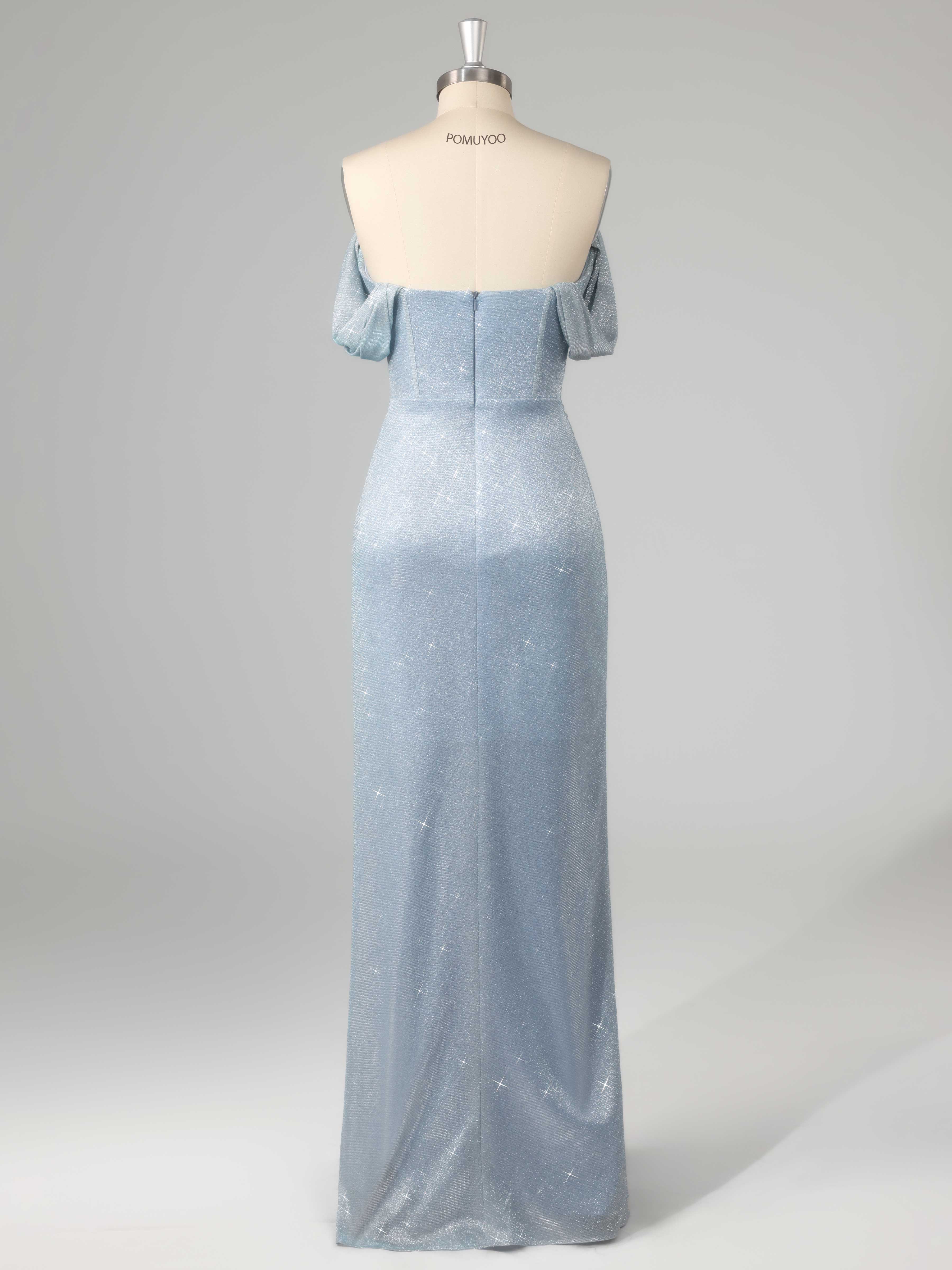 Stunning Off the Shoulder Corset Slit Floor Length Glitter Prom Dresses UK