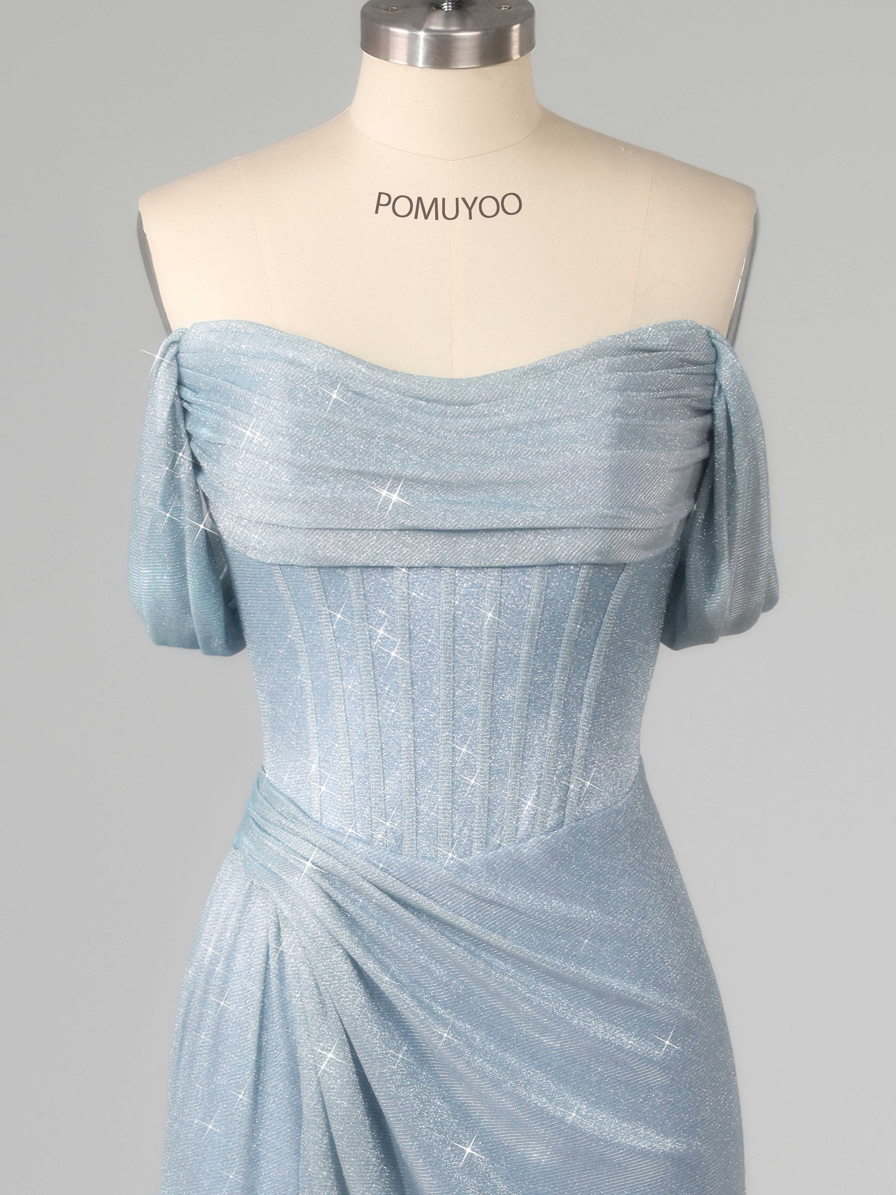 Stunning Off the Shoulder Corset Slit Floor Length Glitter Prom Dresses UK