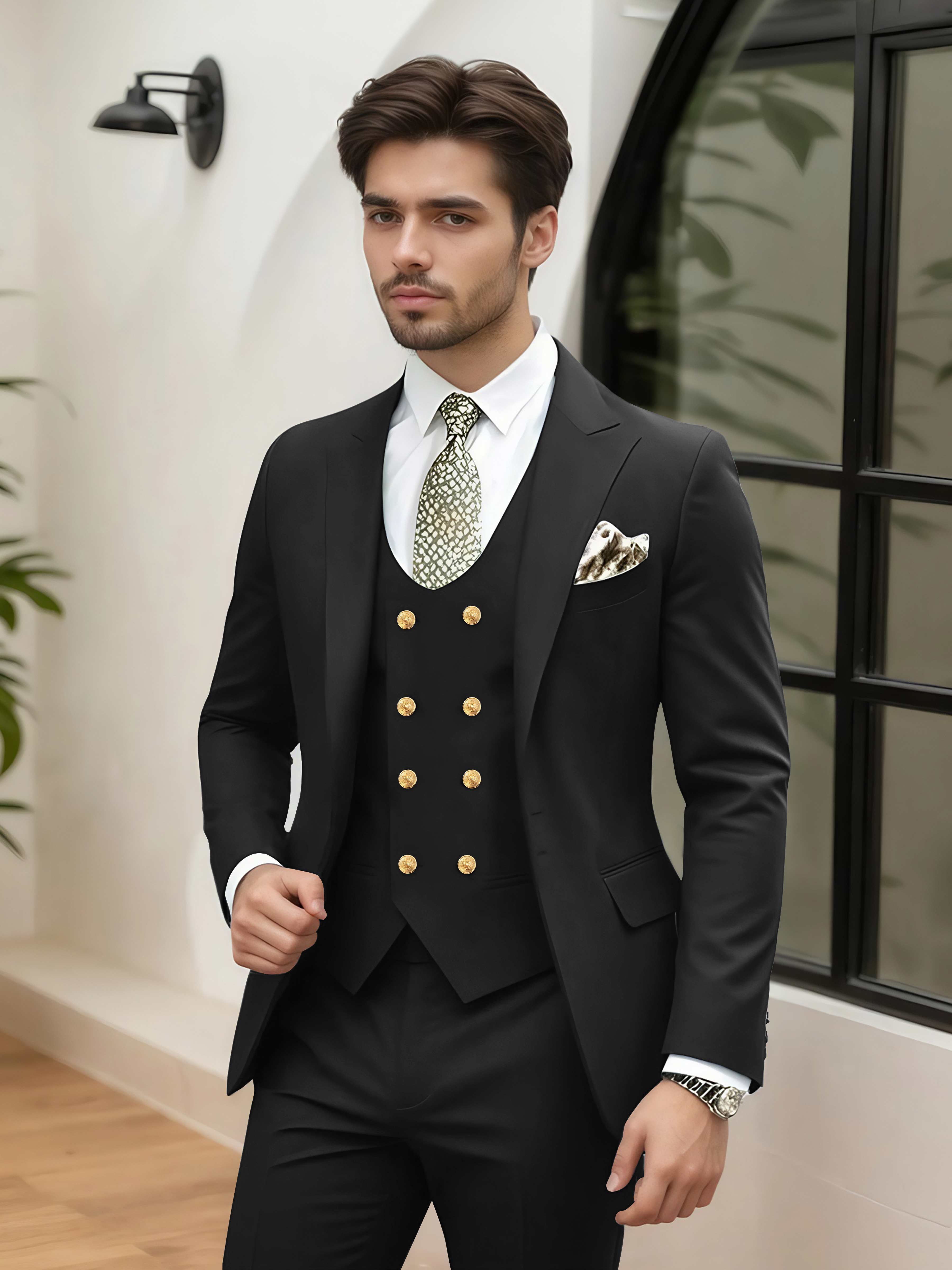 Stylish 3 Pieces Men’s Wedding Suit Tailored Fit One Button Peak Lapel