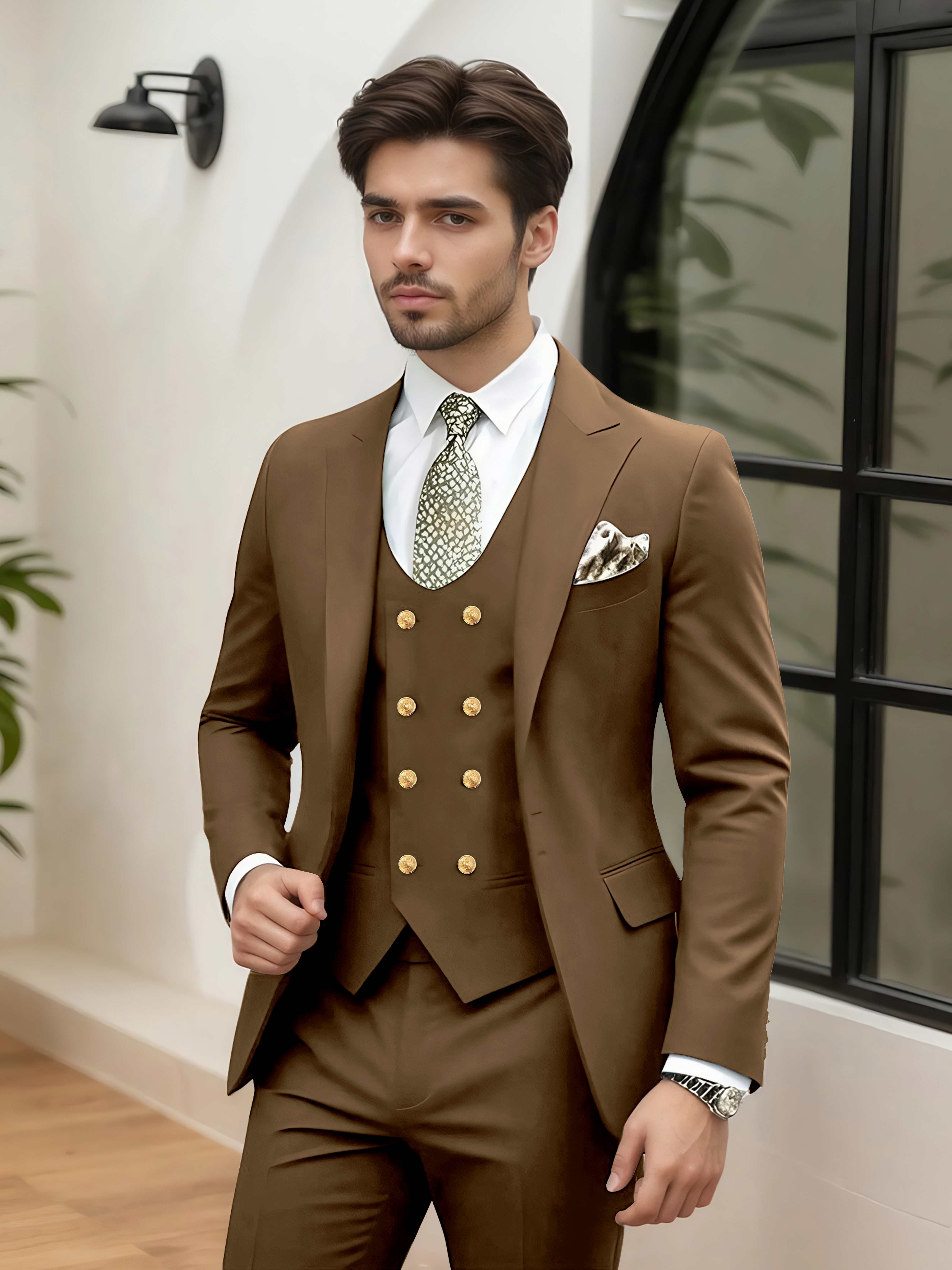 Stylish 3 Pieces Men’s Wedding Suit Tailored Fit One Button Peak Lapel