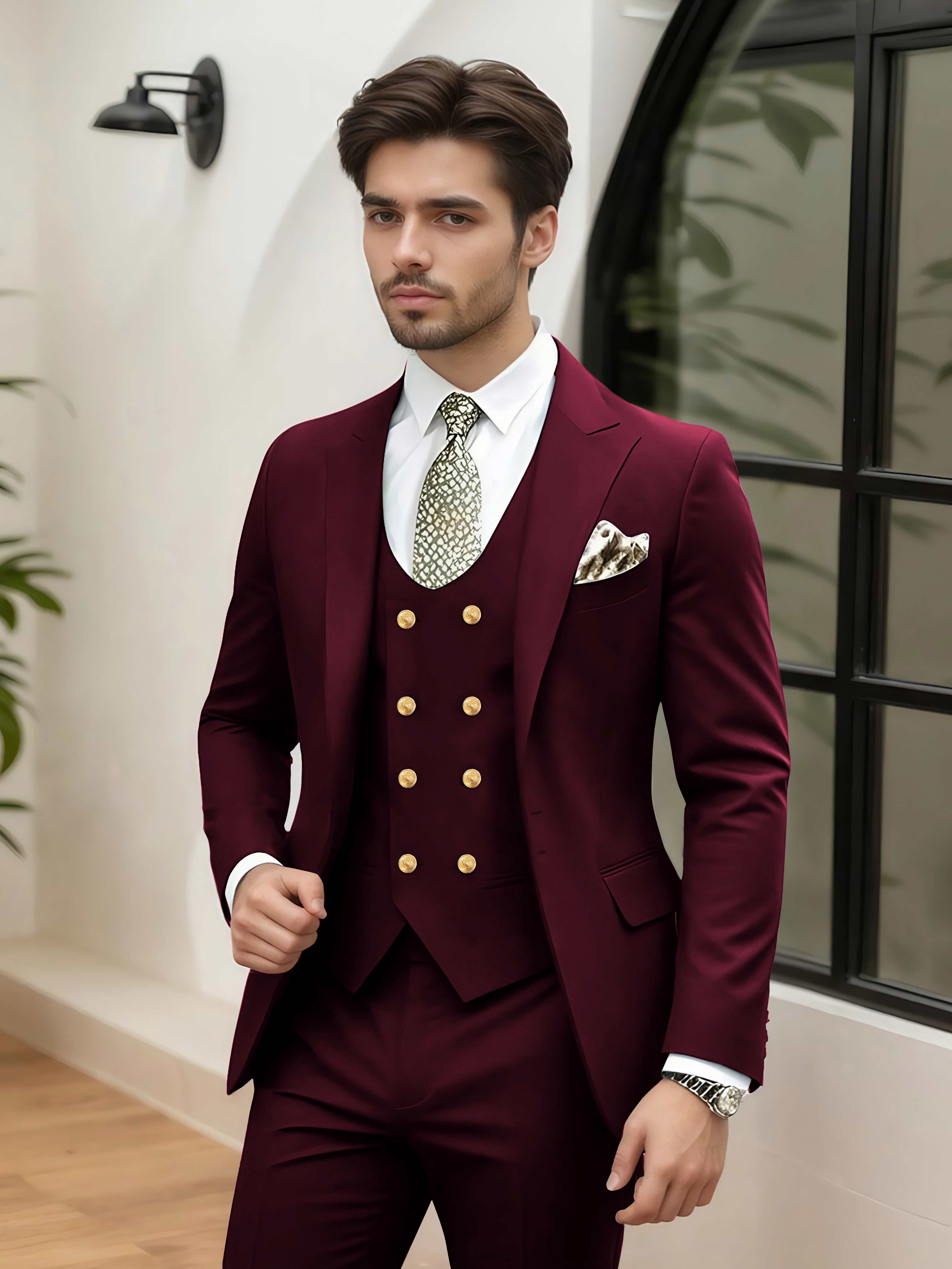 Stylish 3 Pieces Men’s Wedding Suit Tailored Fit One Button Peak Lapel