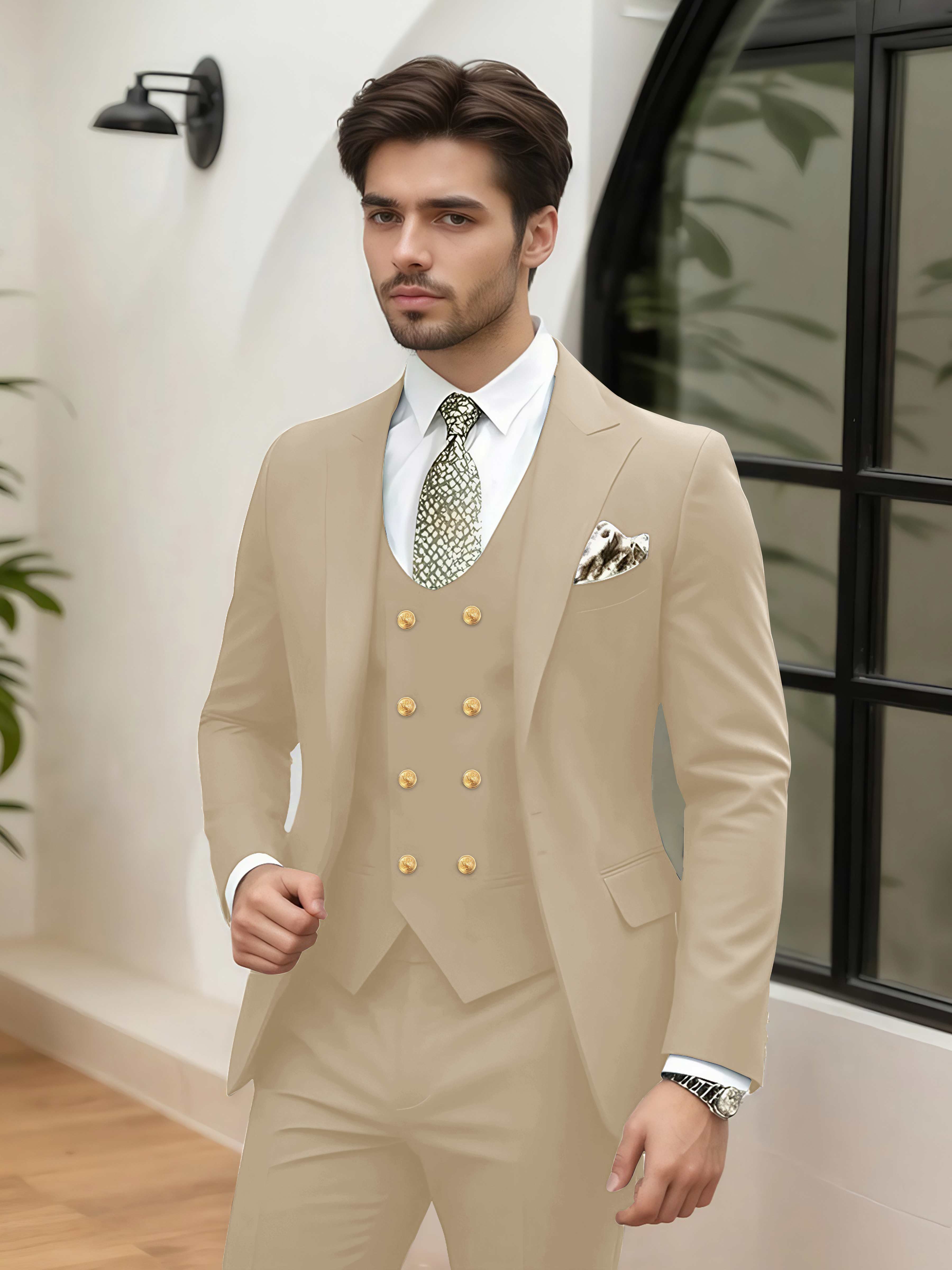 Stylish 3 Pieces Men’s Wedding Suit Tailored Fit One Button Peak Lapel