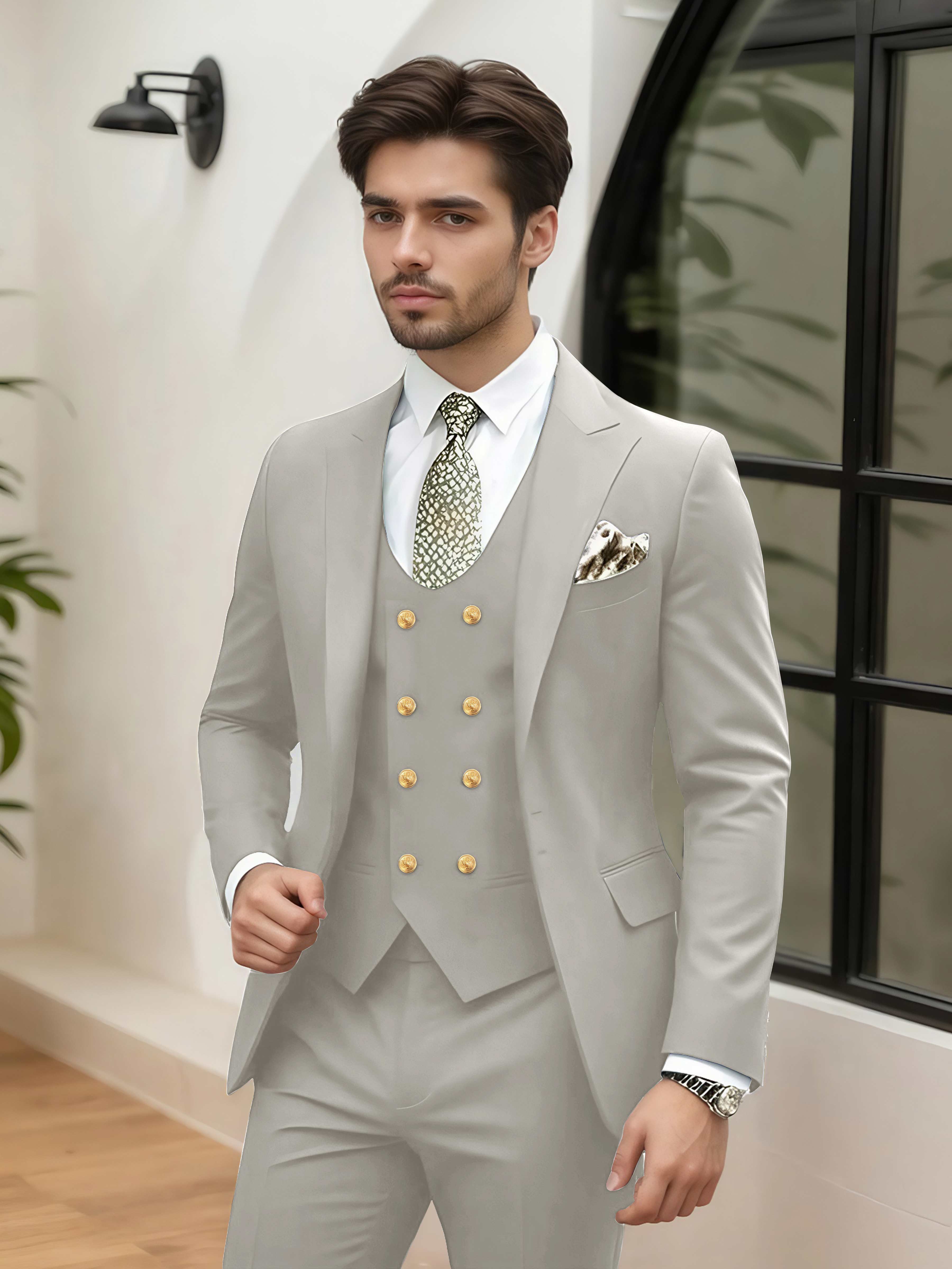Stylish 3 Pieces Men’s Wedding Suit Tailored Fit One Button Peak Lapel