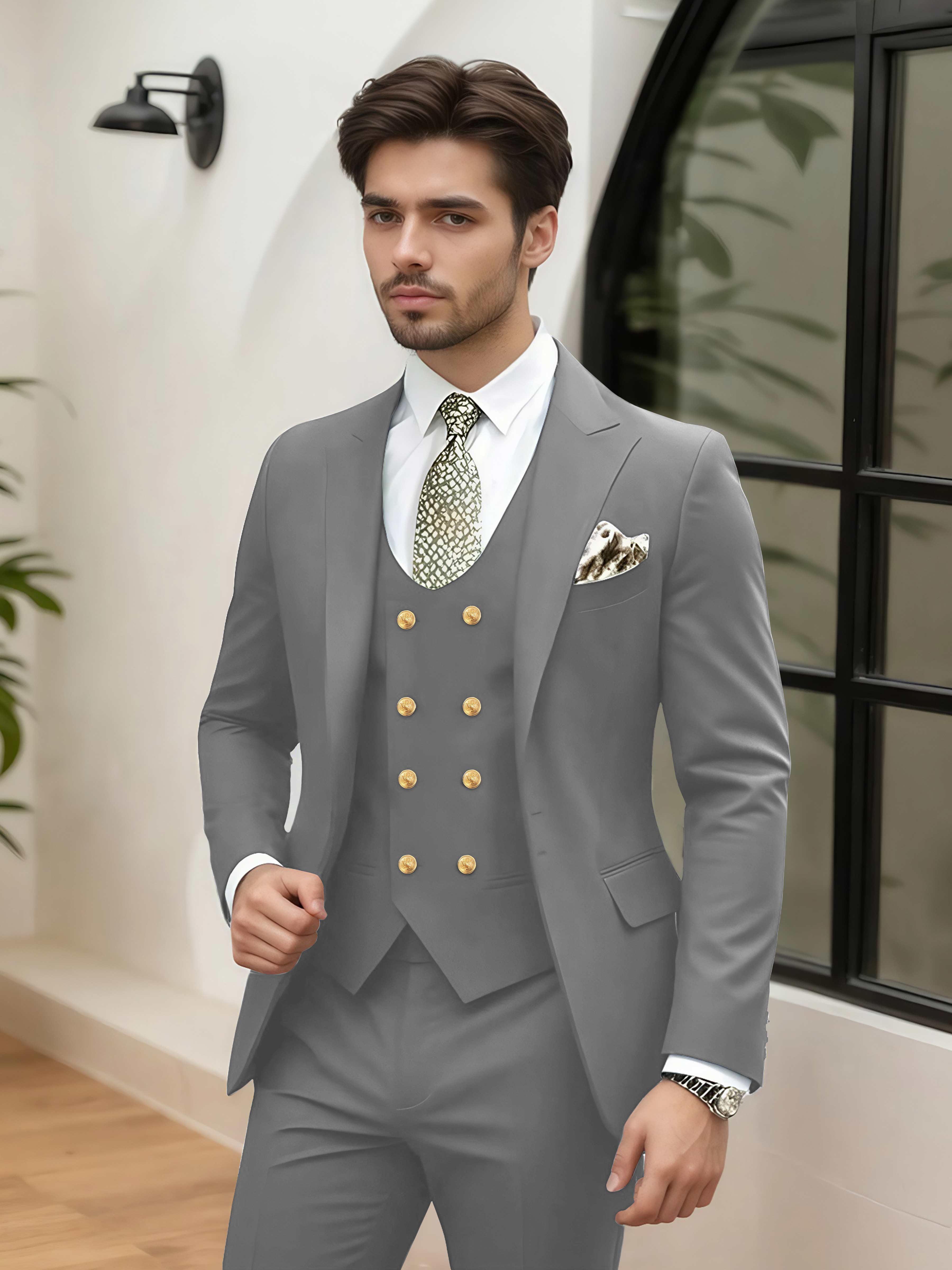 Stylish 3 Pieces Men’s Wedding Suit Tailored Fit One Button Peak Lapel