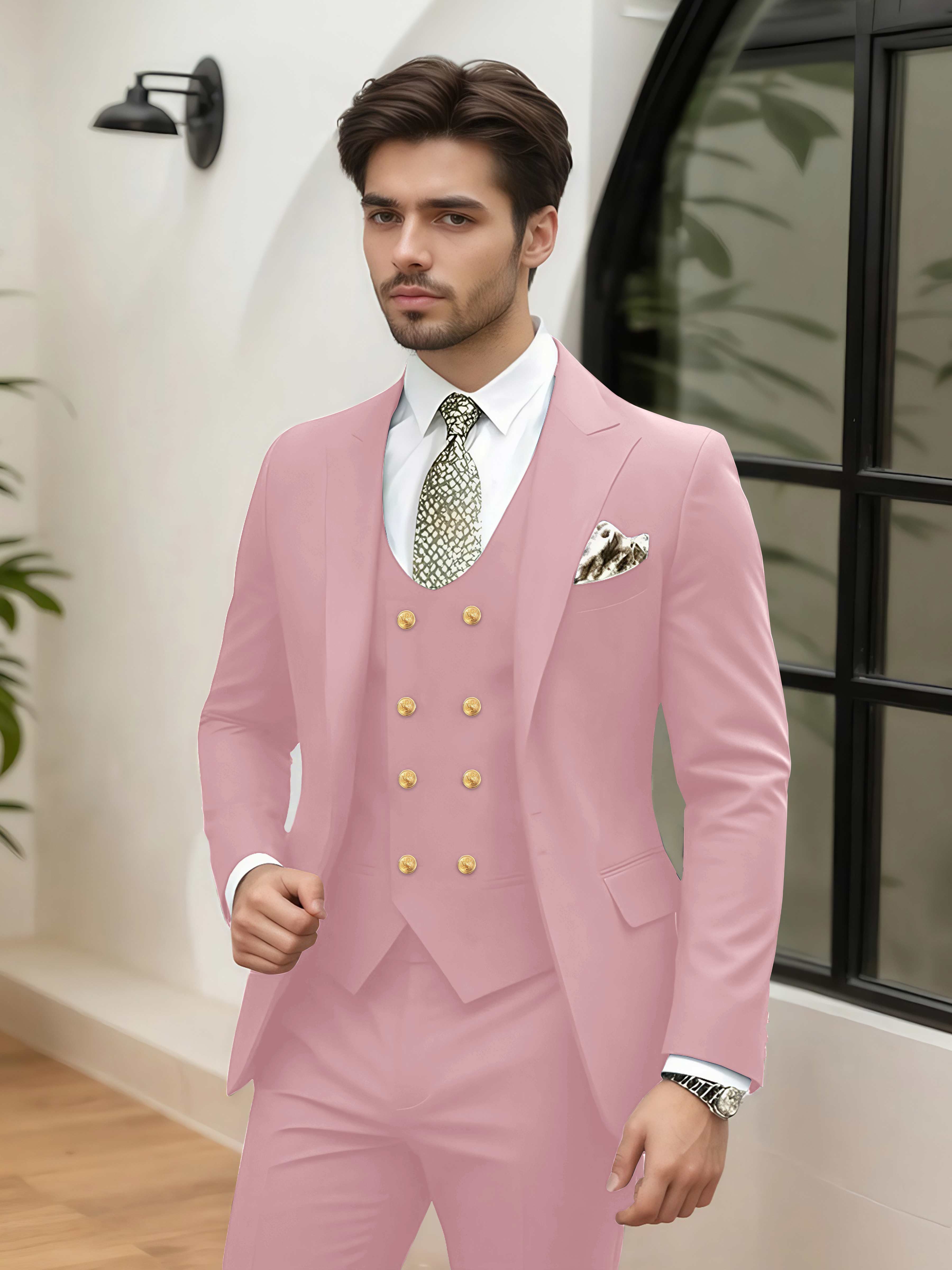 Stylish 3 Pieces Men’s Wedding Suit Tailored Fit One Button Peak Lapel