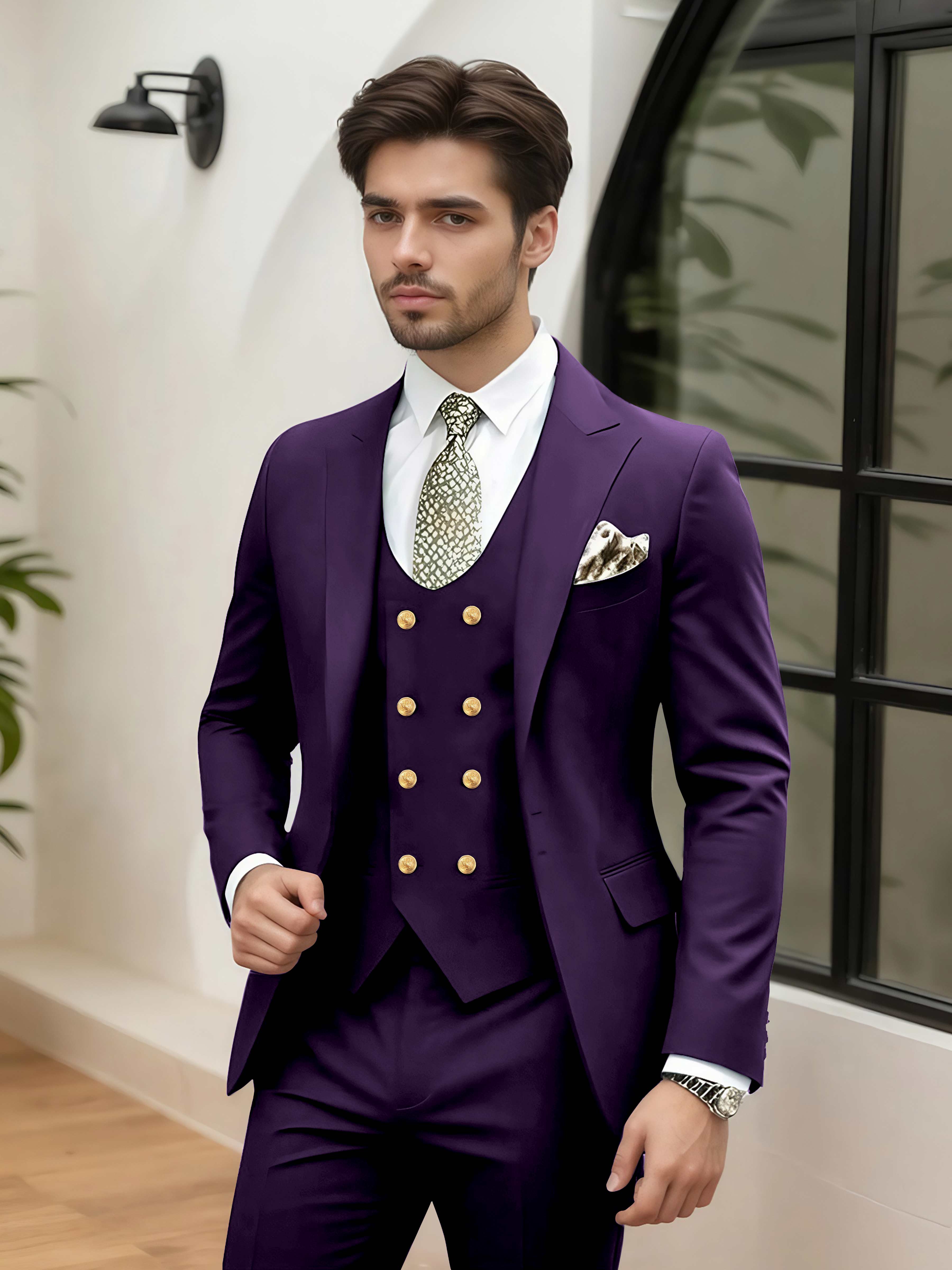 Stylish 3 Pieces Men’s Wedding Suit Tailored Fit One Button Peak Lapel
