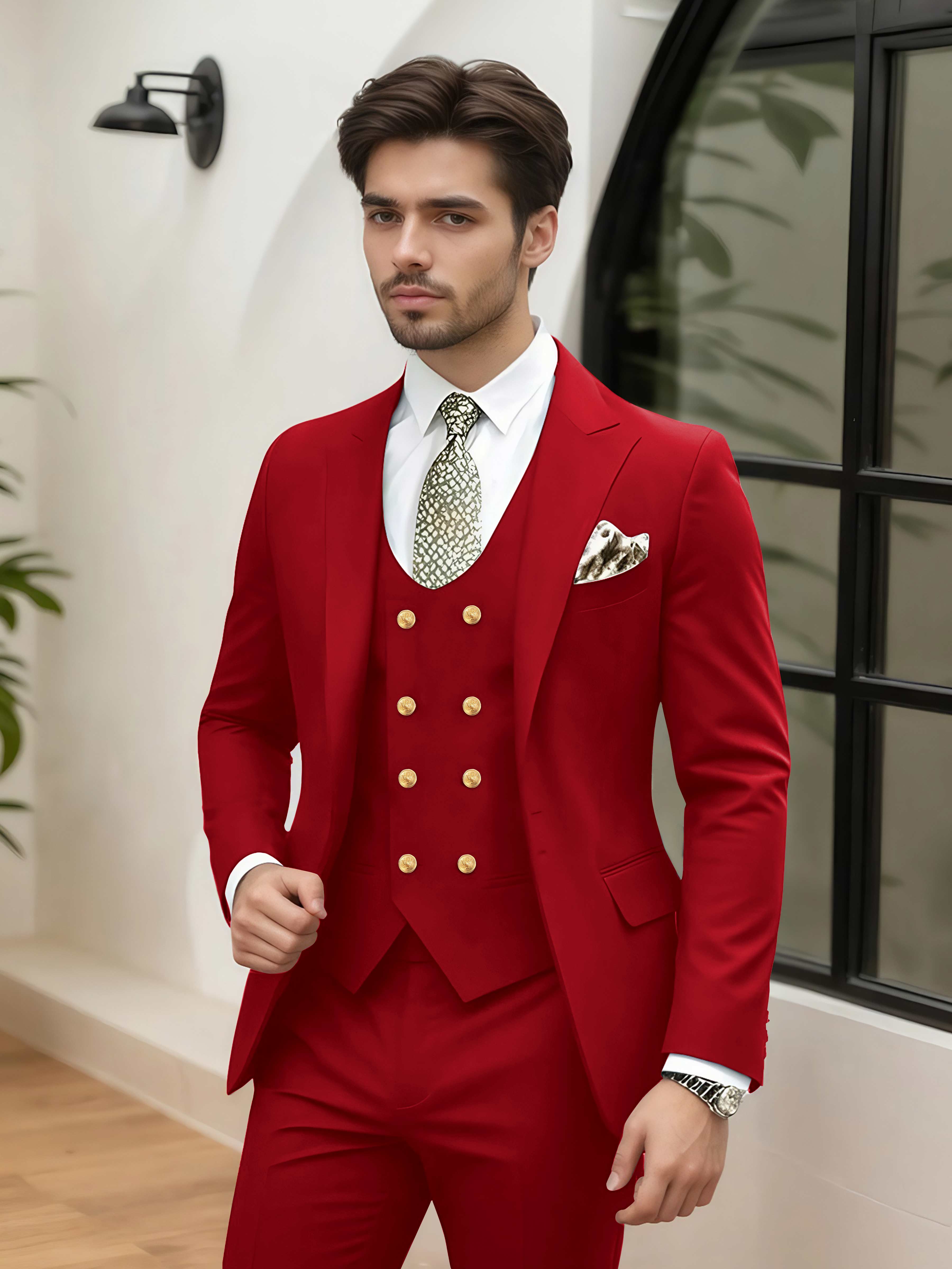 Stylish 3 Pieces Men’s Wedding Suit Tailored Fit One Button Peak Lapel