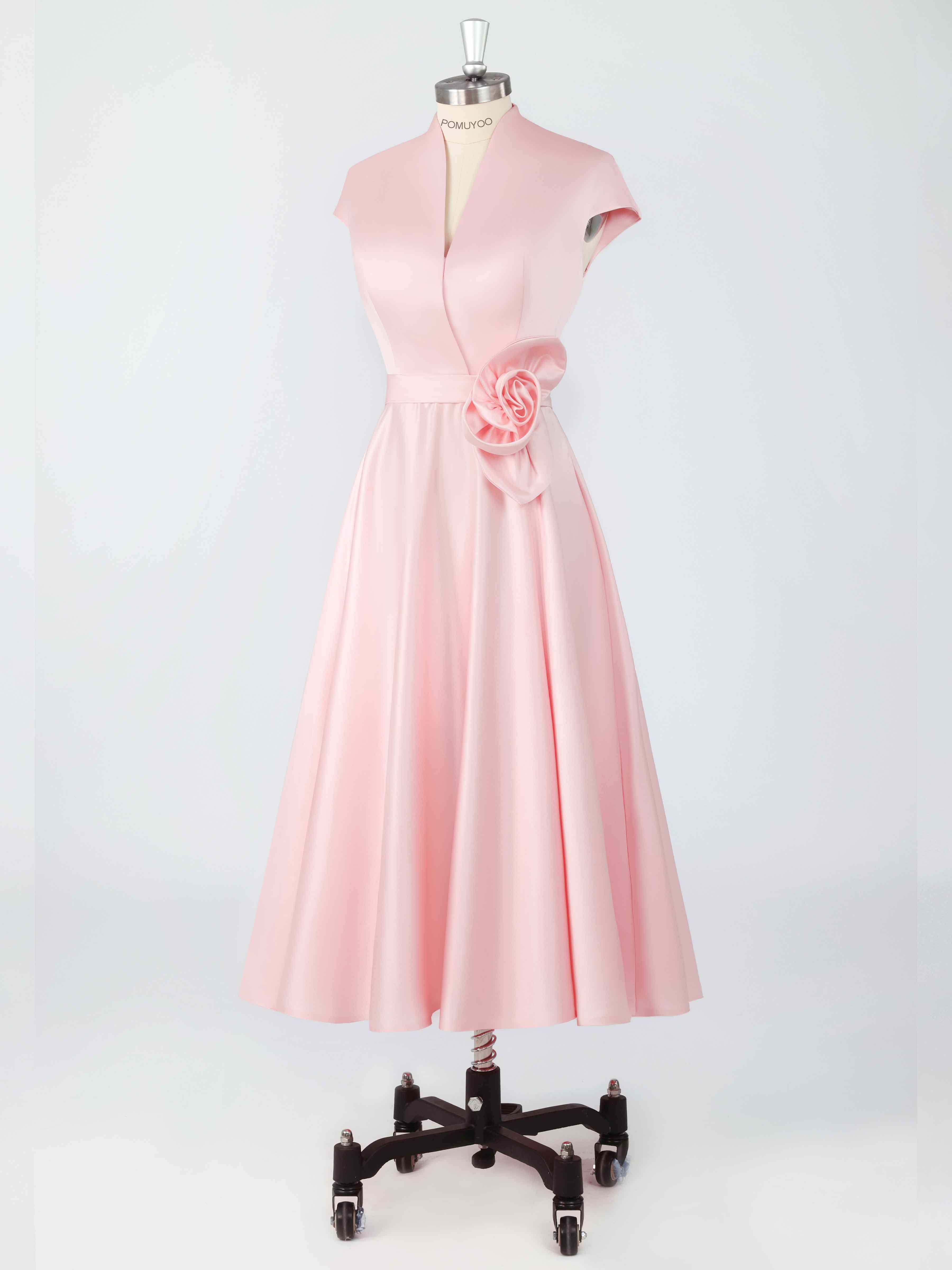 Stylish A-Line V-Neck Cap Sleeves Flower Tea Length Satin Mother of The Bride Dresses