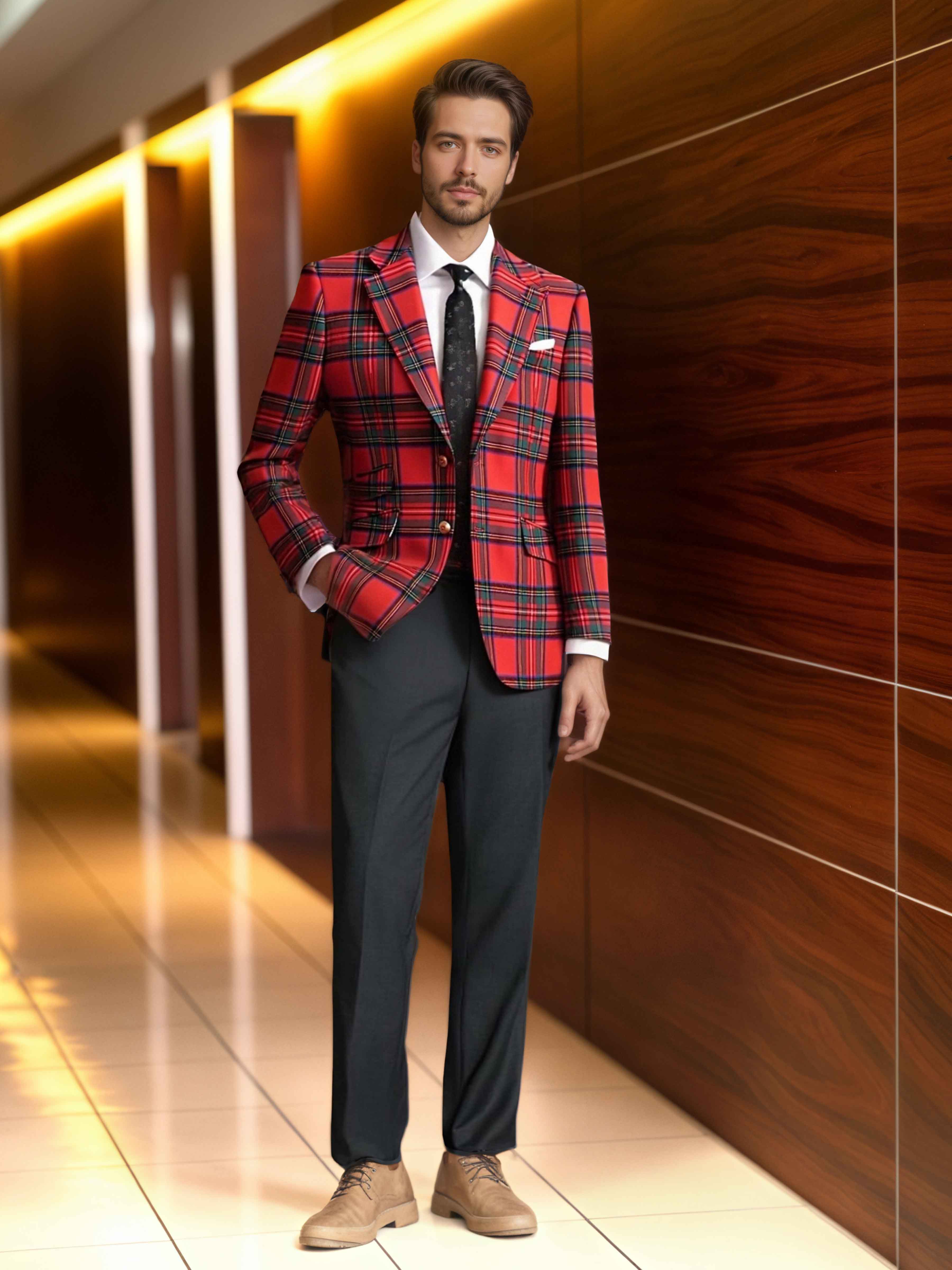 Stylish Men's 2 Pieces Notch Lapel Two Buttons Plaid Prom Suit