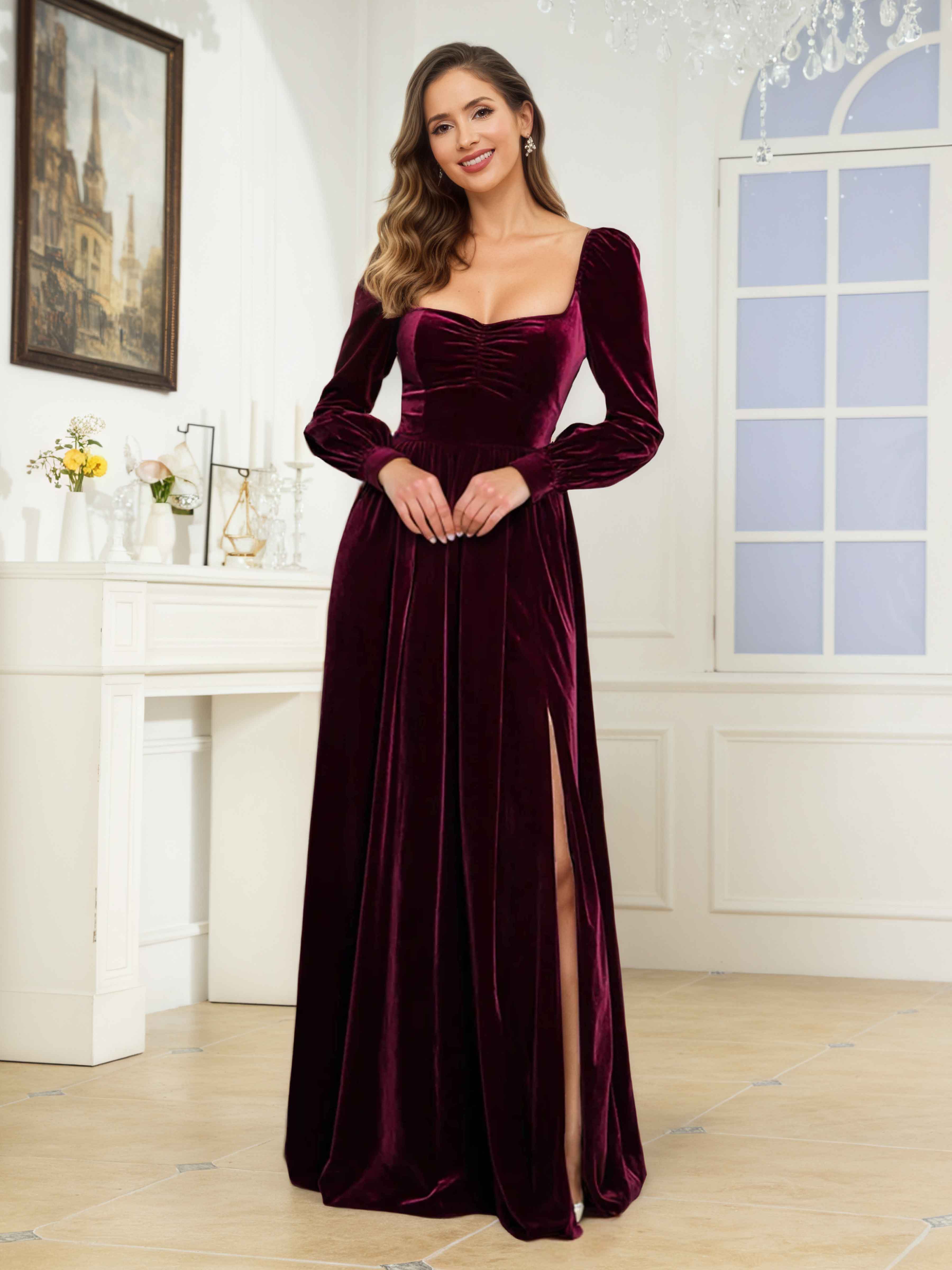 Sylvaine Exquisite A-Line Long Sleeves Slit Long Velvet Bridesmaid Dresses
