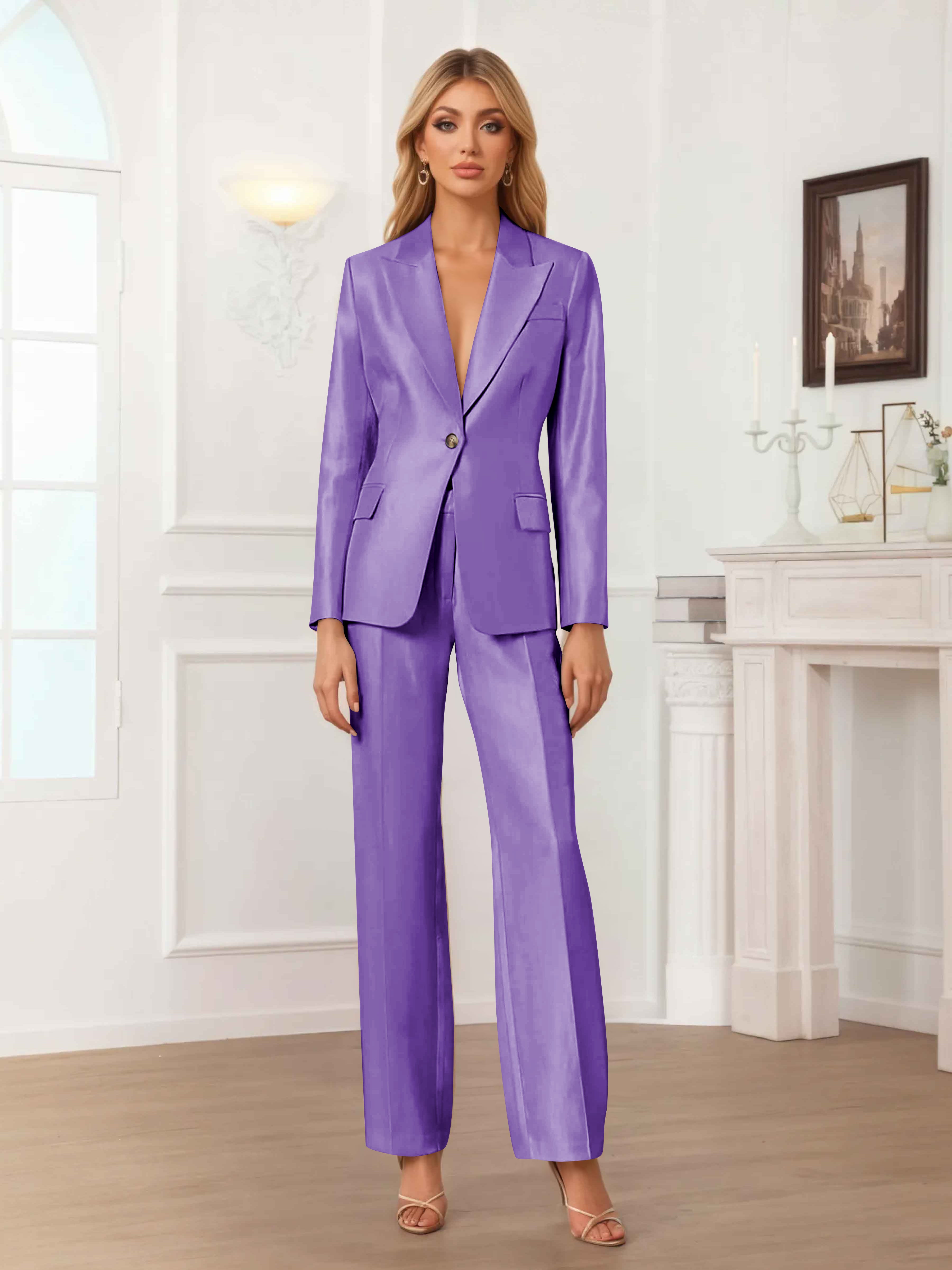 Women's 2 Pieces Peak Lapel One-Button Satin Formal Suit Set UK