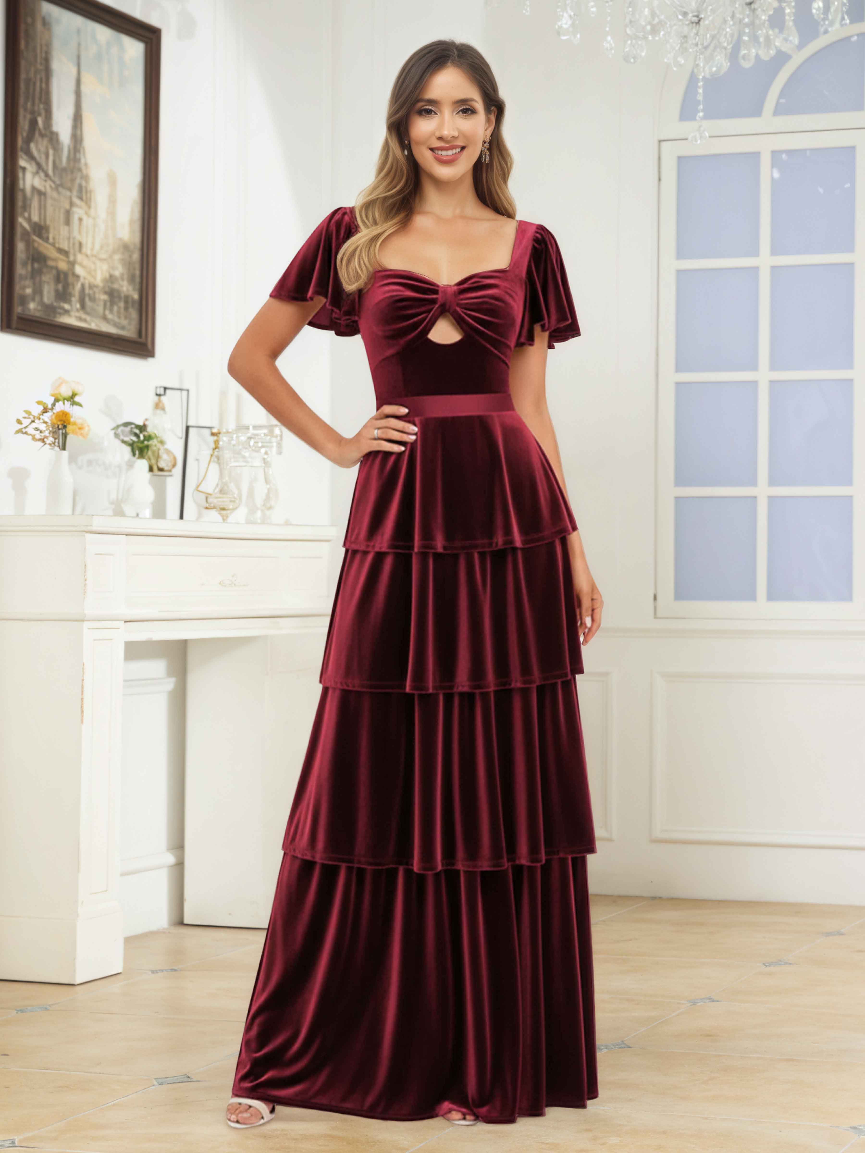 Taisia Playful A-Line Short Sleeves Tiered Long Velvet Bridesmaid Dresses