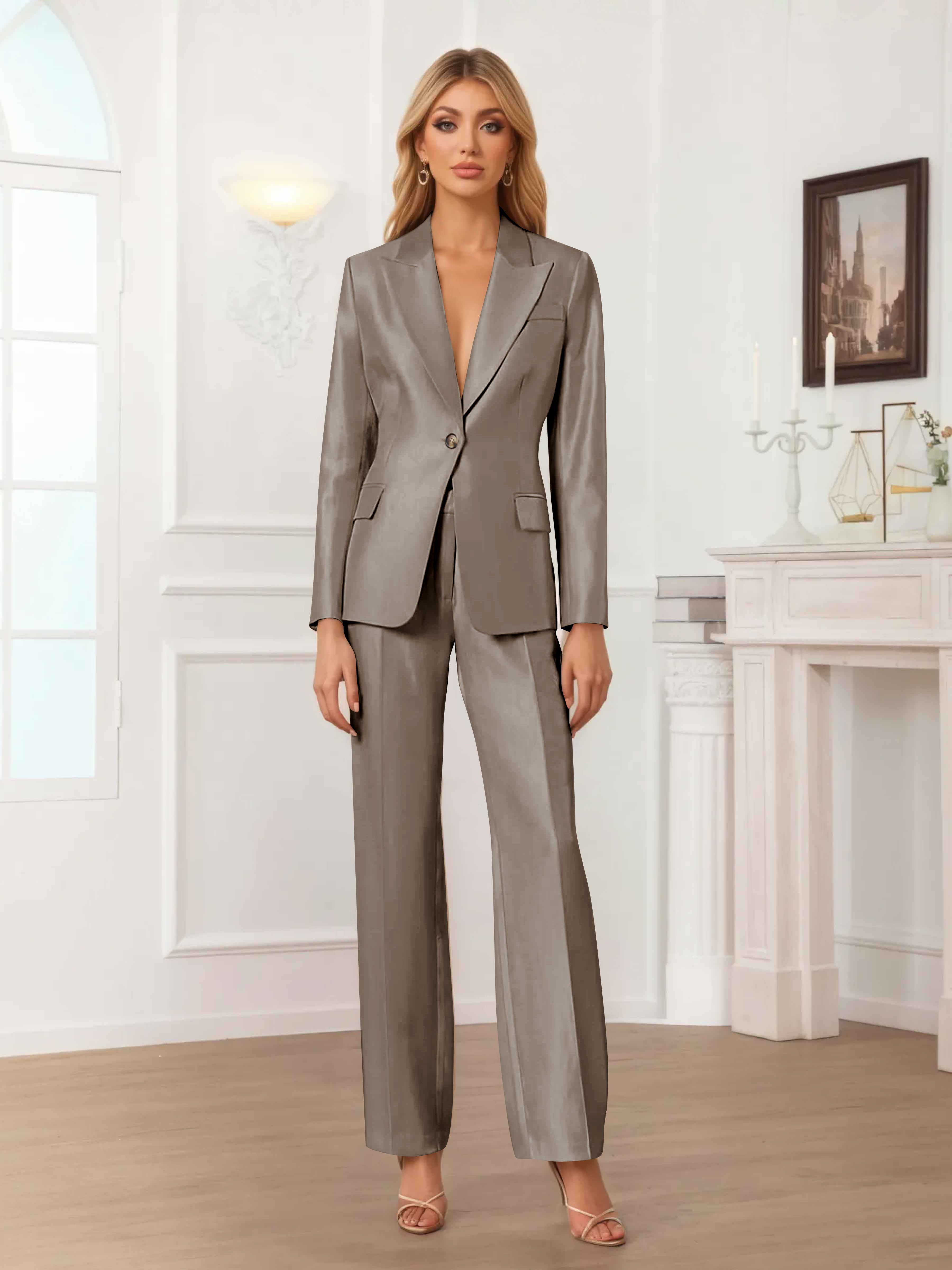 Women's 2 Pieces Peak Lapel One-Button Satin Formal Suit Set UK