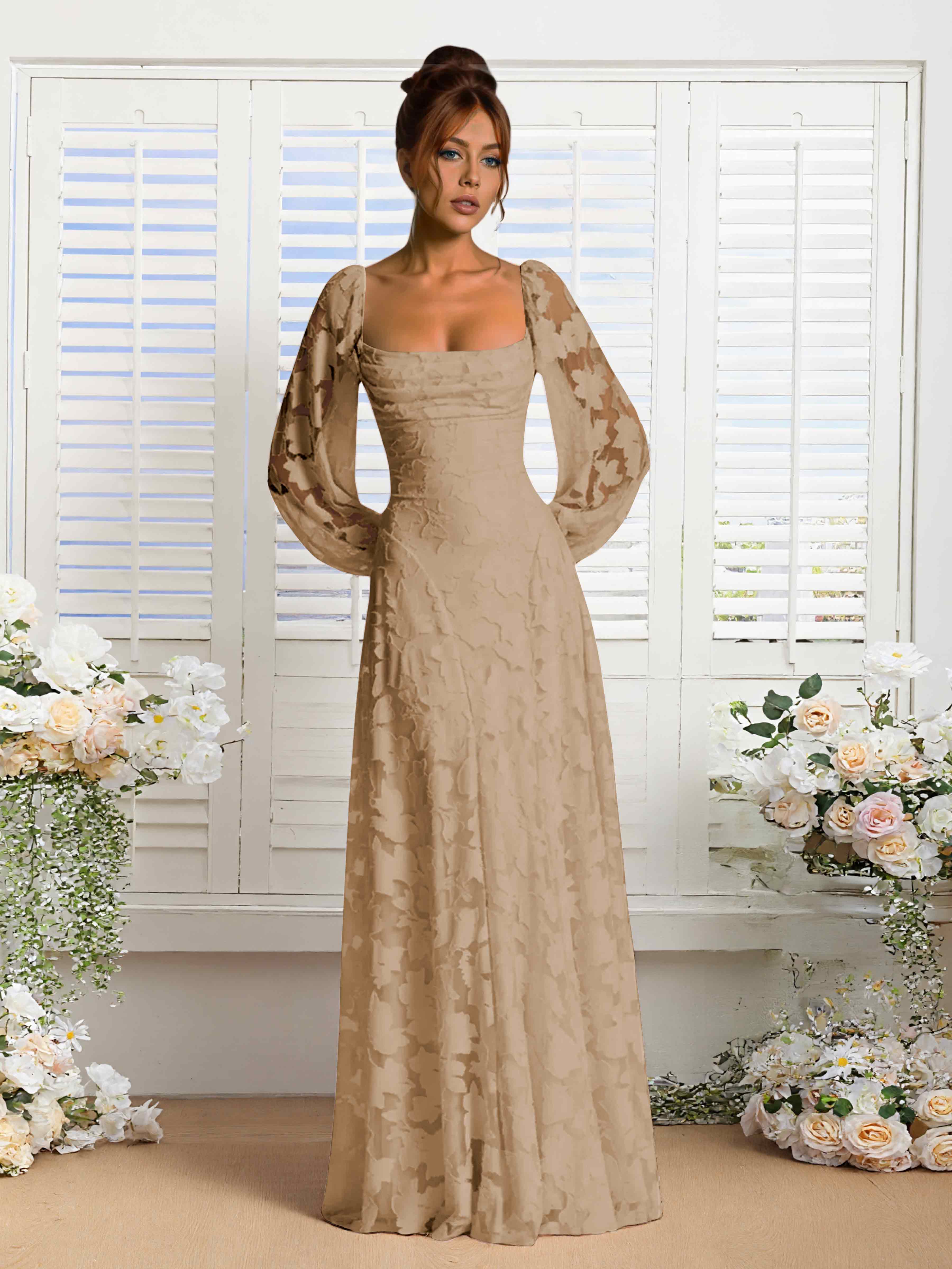 Xandra Delicate Long Sleeves Ruched Long Floral Lace Formal Dresses