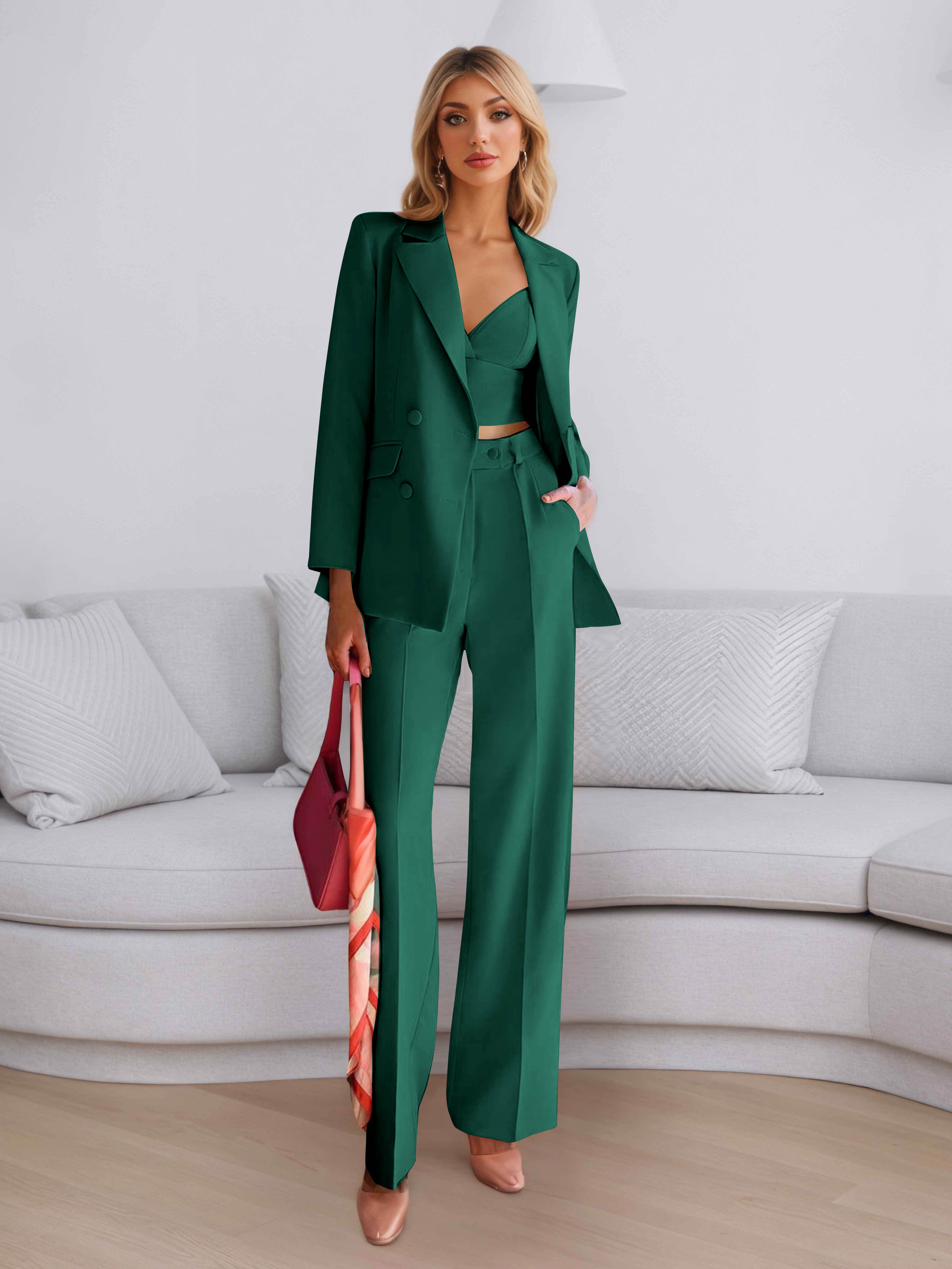 Elegant Women's 3 Pieces Solid Formal Blazer and Pants Suit Set UK