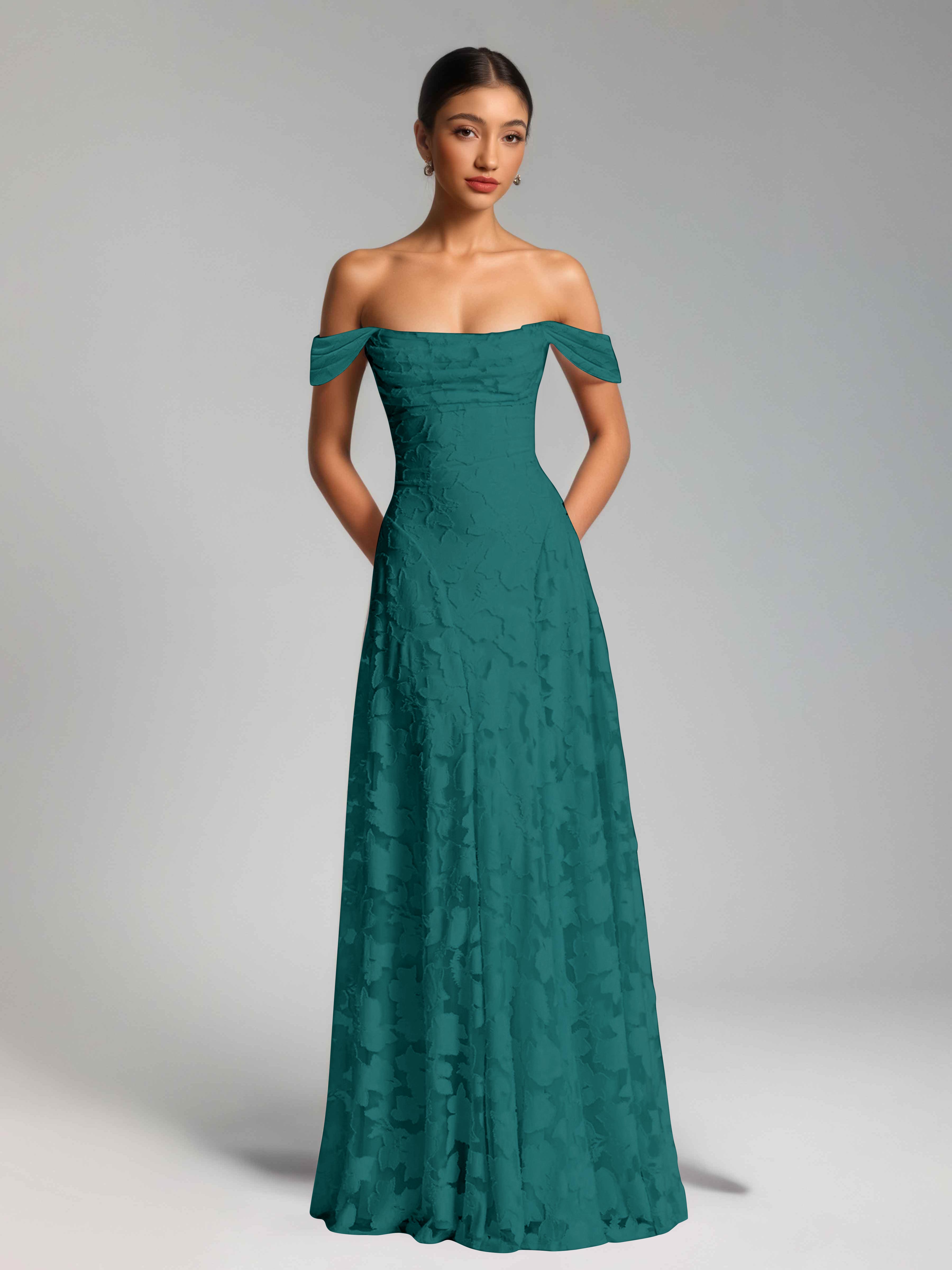 Oraelithra Graceful A-Line Off the Shoulder Floor Length Jacquard Bridesmaid Dresses