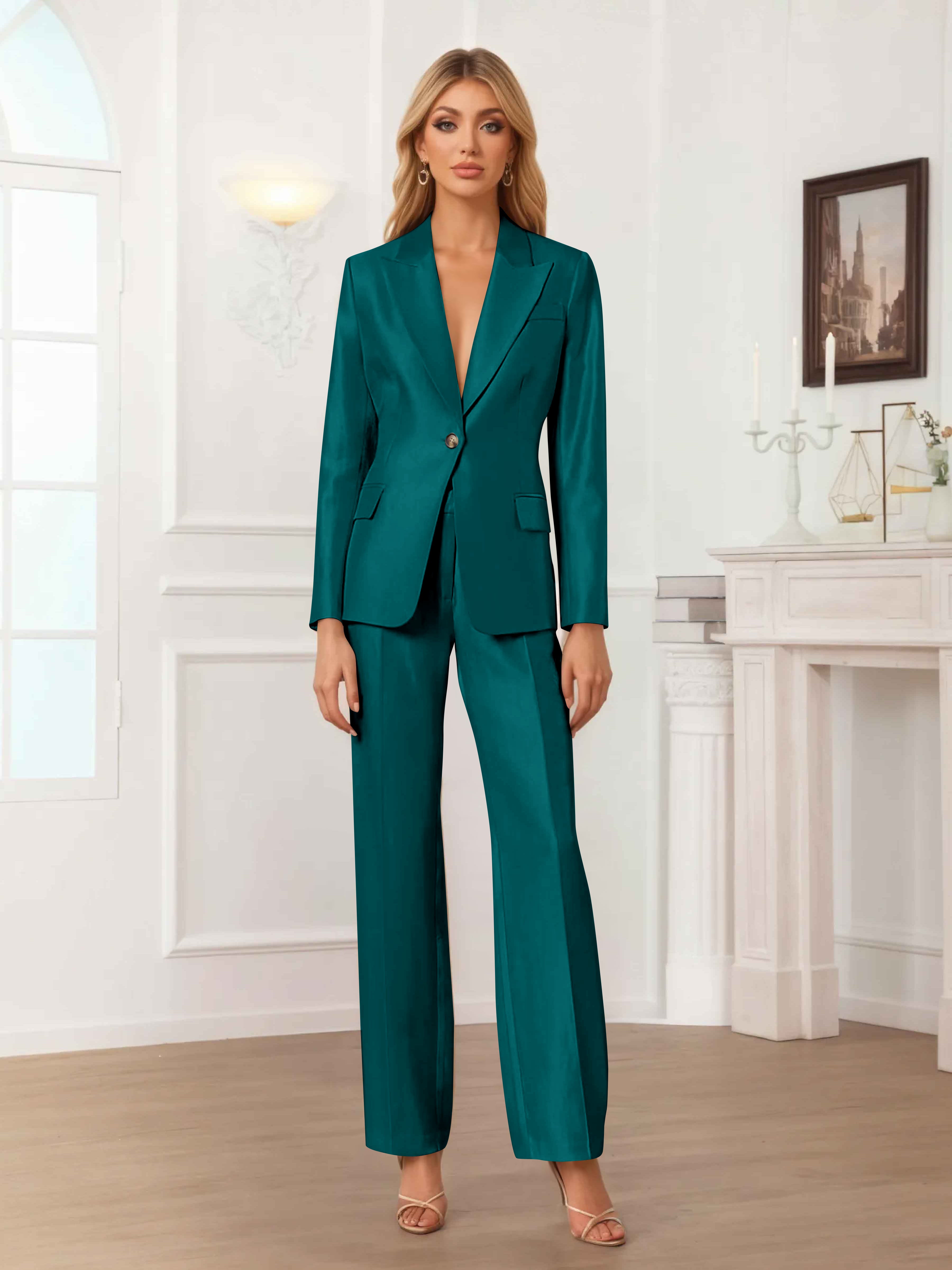 Women's 2 Pieces Peak Lapel One-Button Satin Formal Suit Set UK