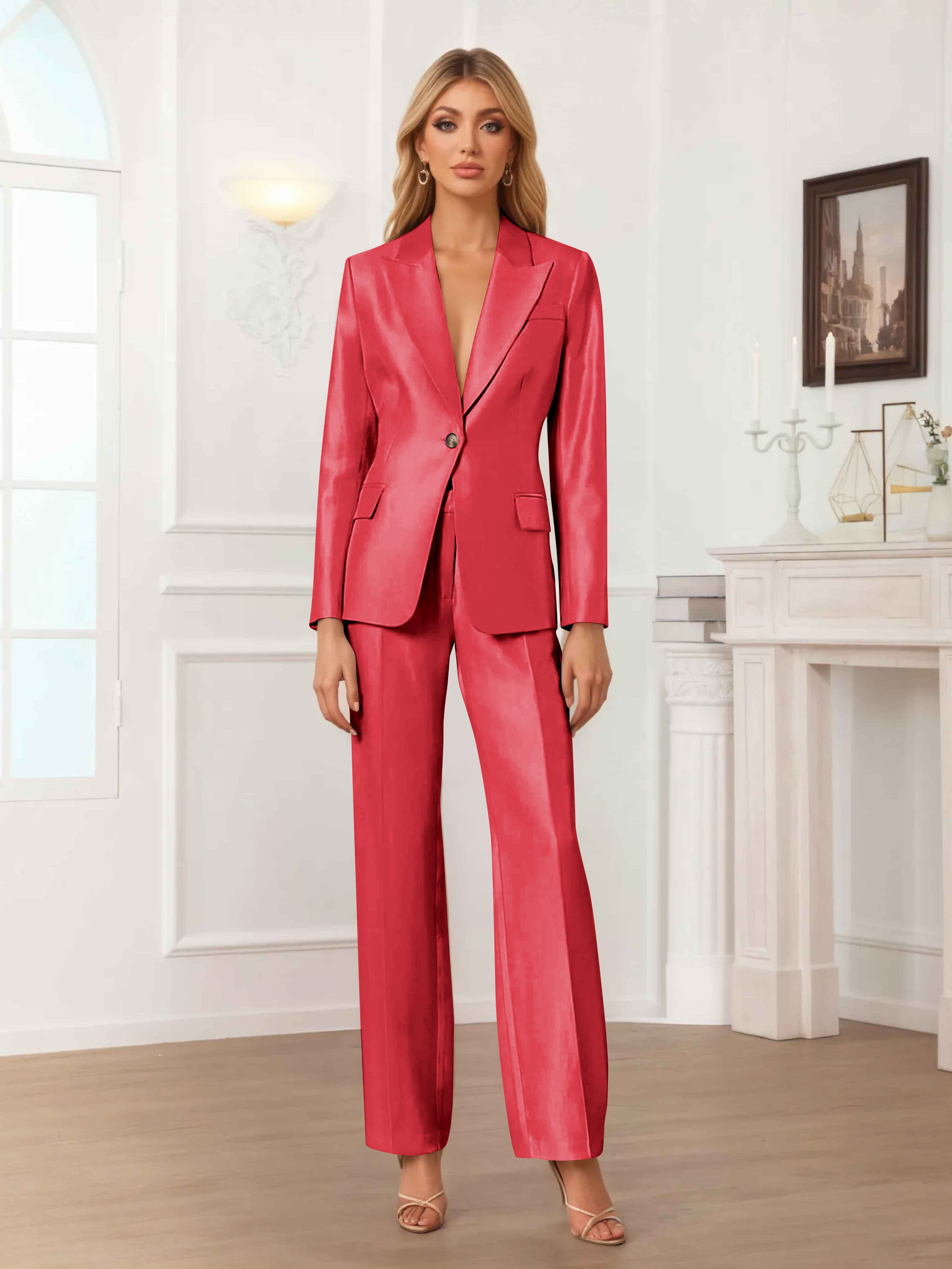 Women's 2 Pieces Peak Lapel One-Button Satin Formal Suit Set UK