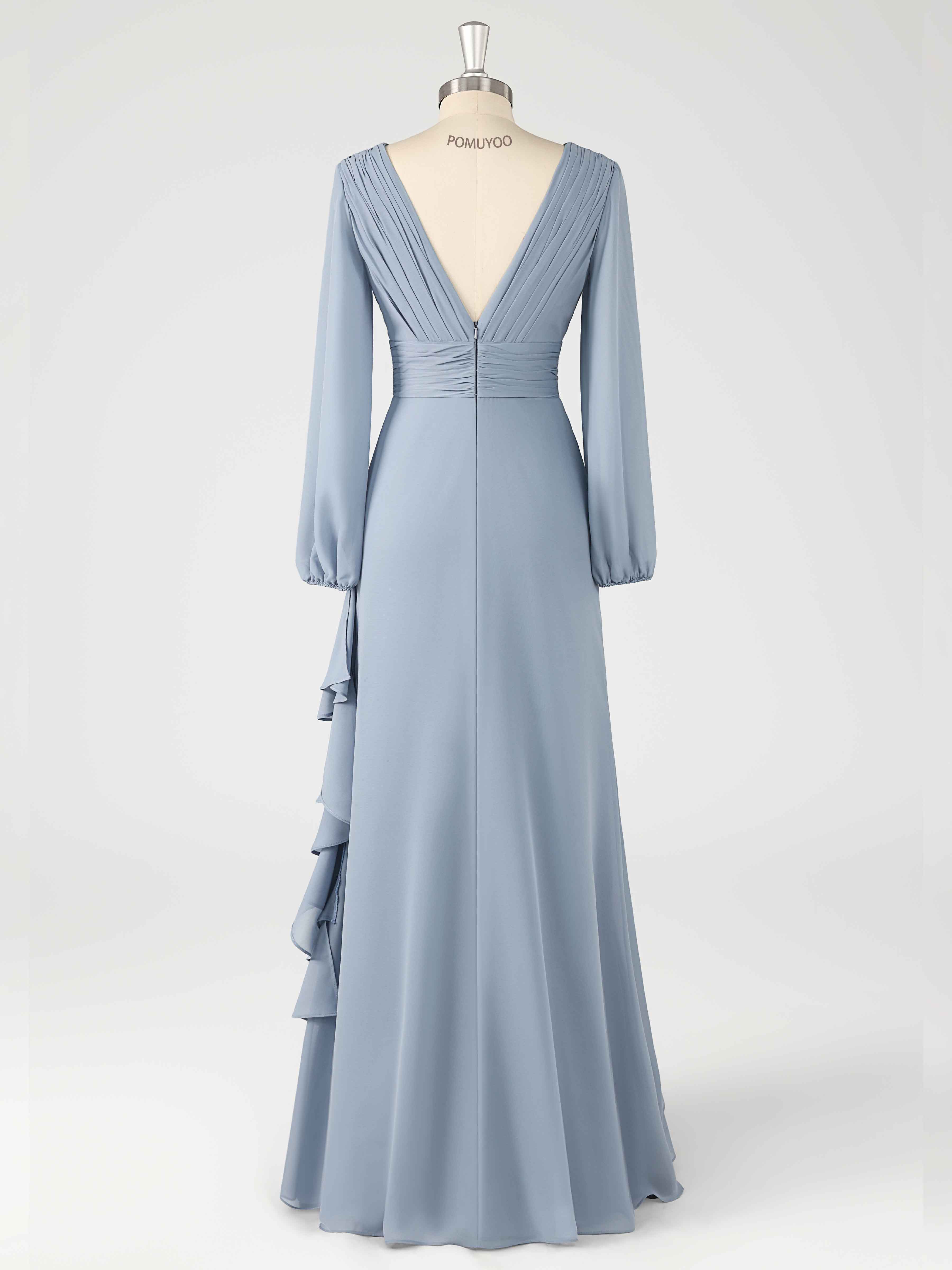 Trendy Long Sleeves Pleated Ruffles Floor Length Chiffon Bridesmaid Dresses UK