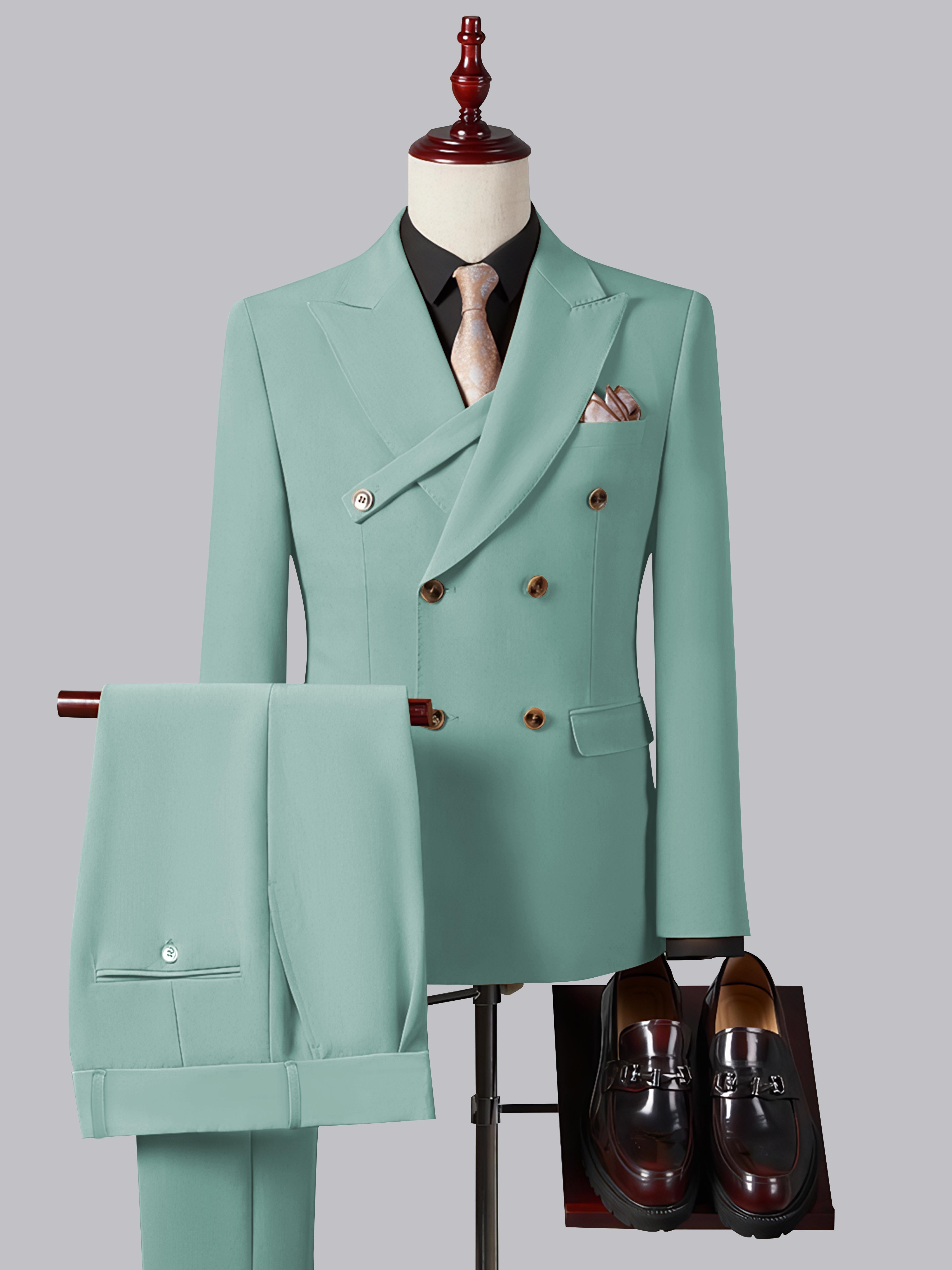 Refined Slim Fit Double Breasted Men's 2 Pieces Peak Lapel Suit with Strap