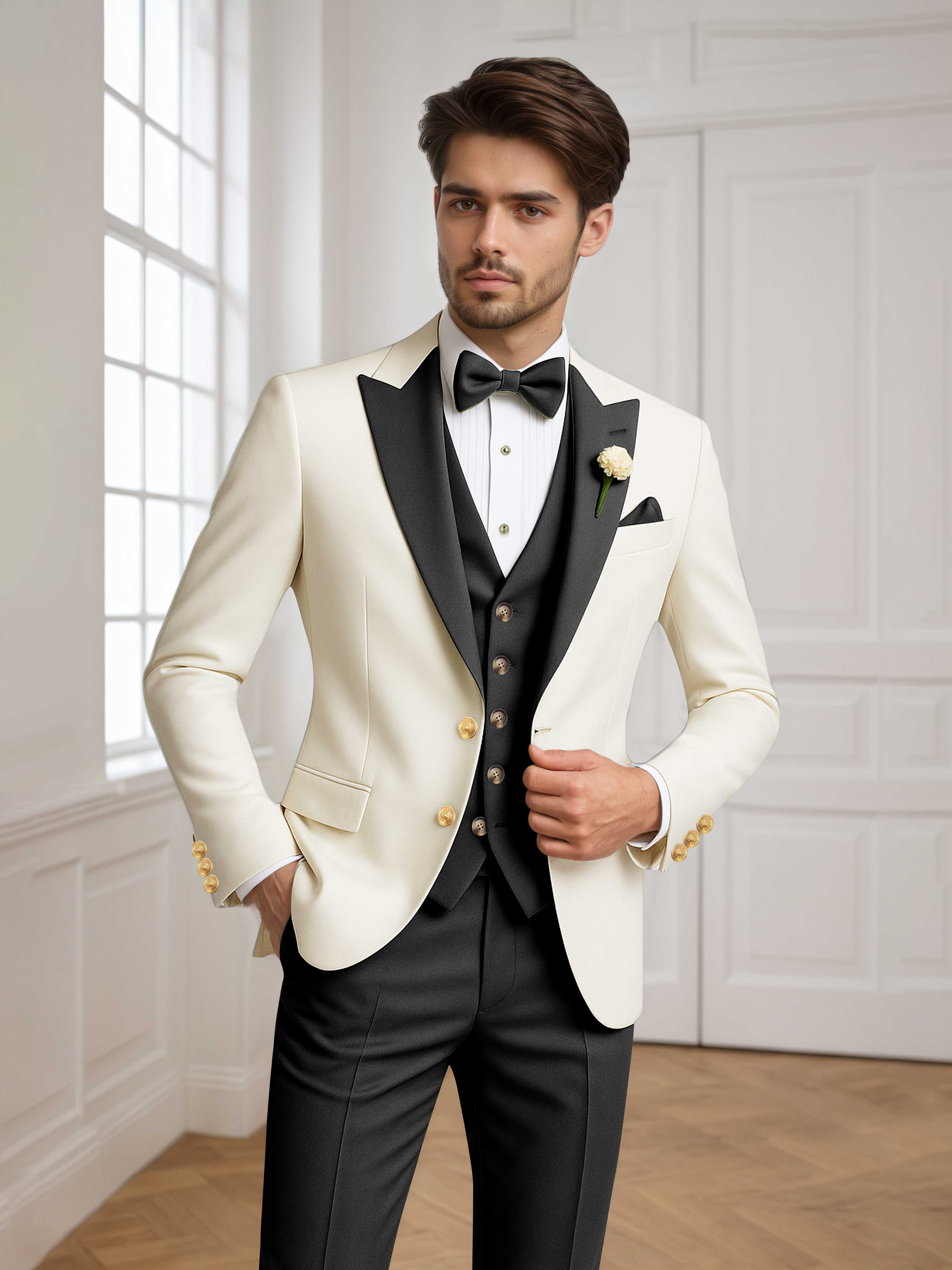 Two Tone Peak Lapel Men's 3 Pieces Wedding Suit for Groom & Events