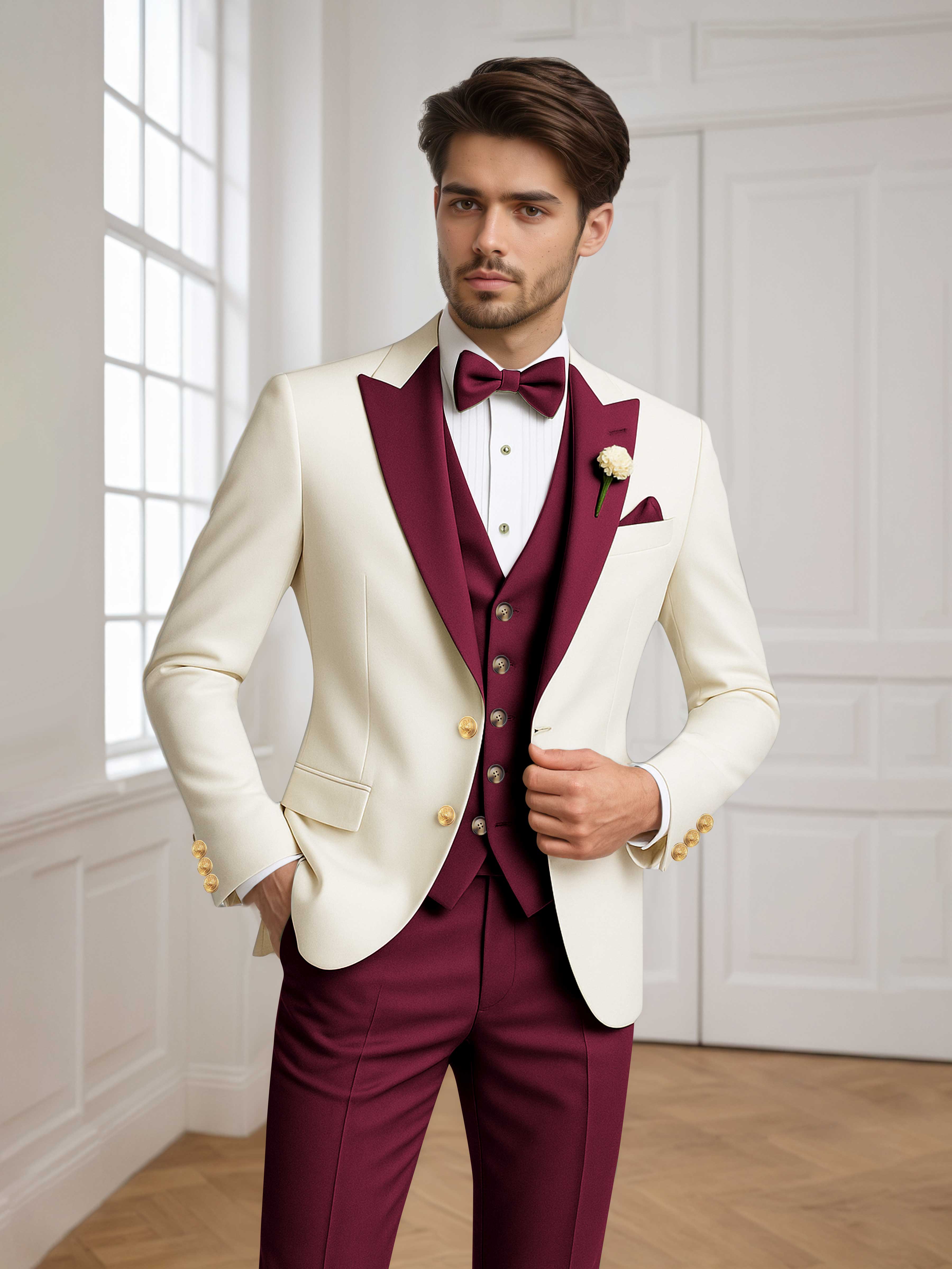 Two Tone Peak Lapel Men's 3 Pieces Wedding Suit for Groom & Events