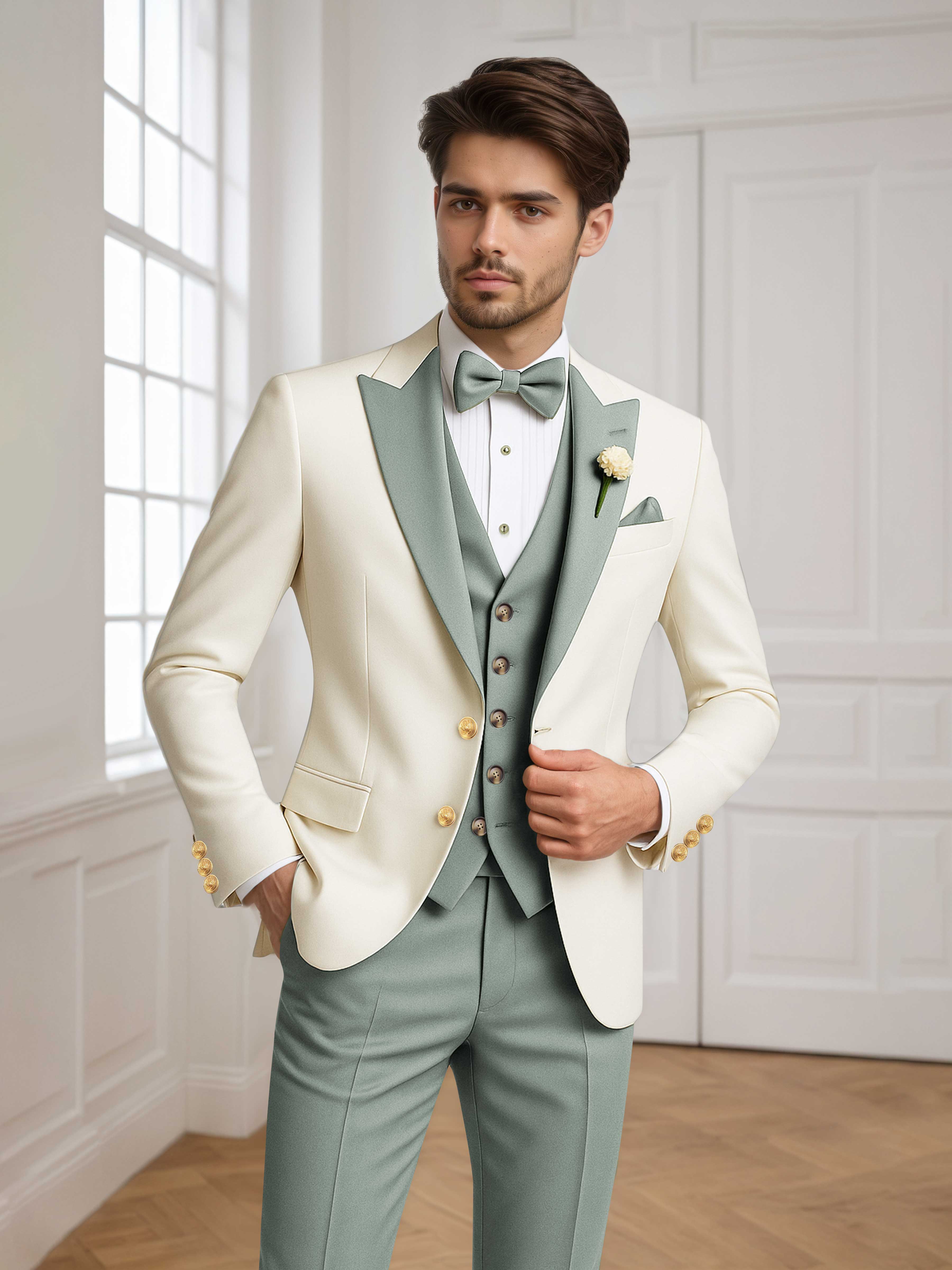 Two Tone Peak Lapel Men's 3 Pieces Wedding Suit for Groom & Events
