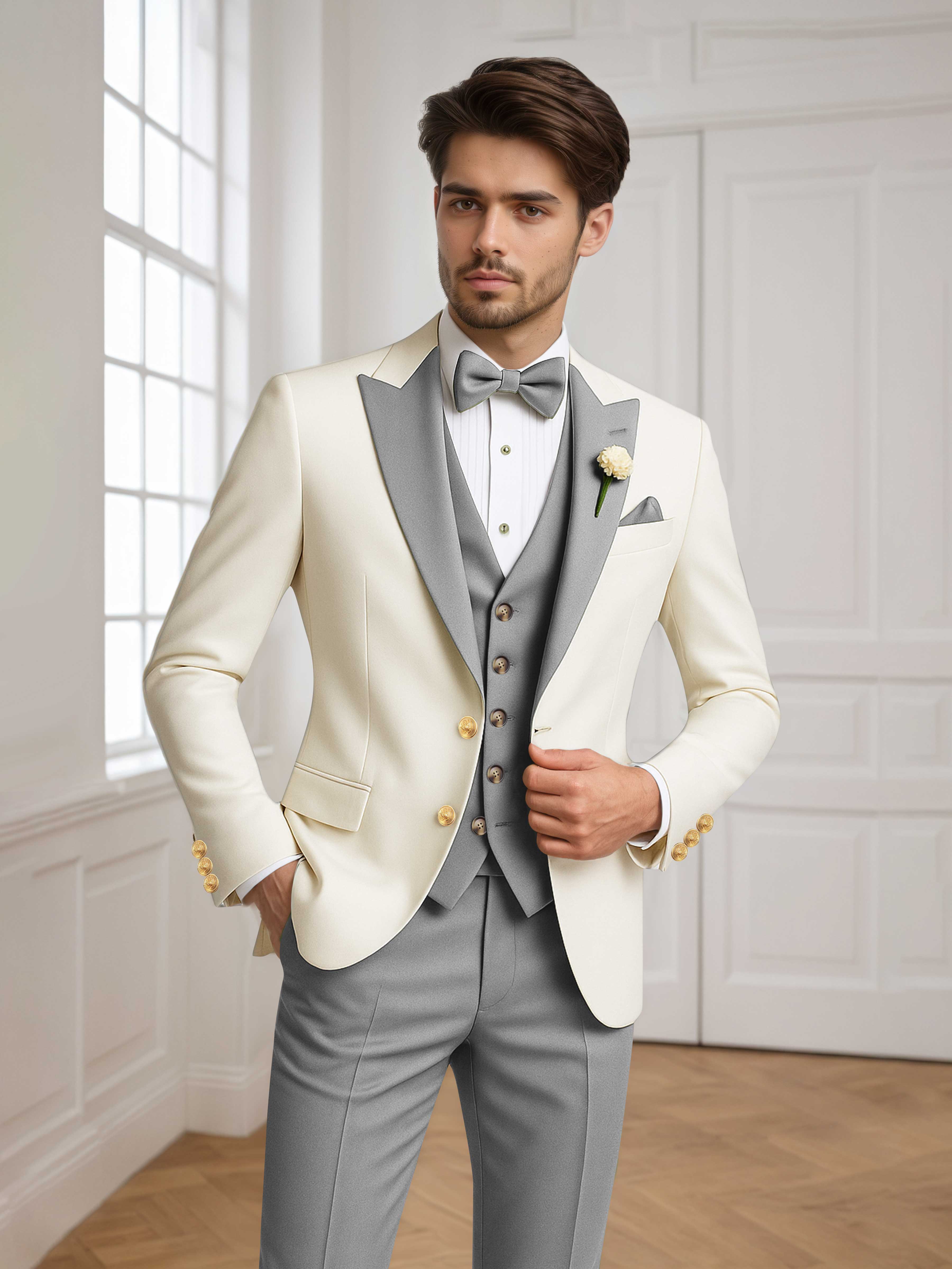 Two Tone Peak Lapel Men's 3 Pieces Wedding Suit for Groom & Events