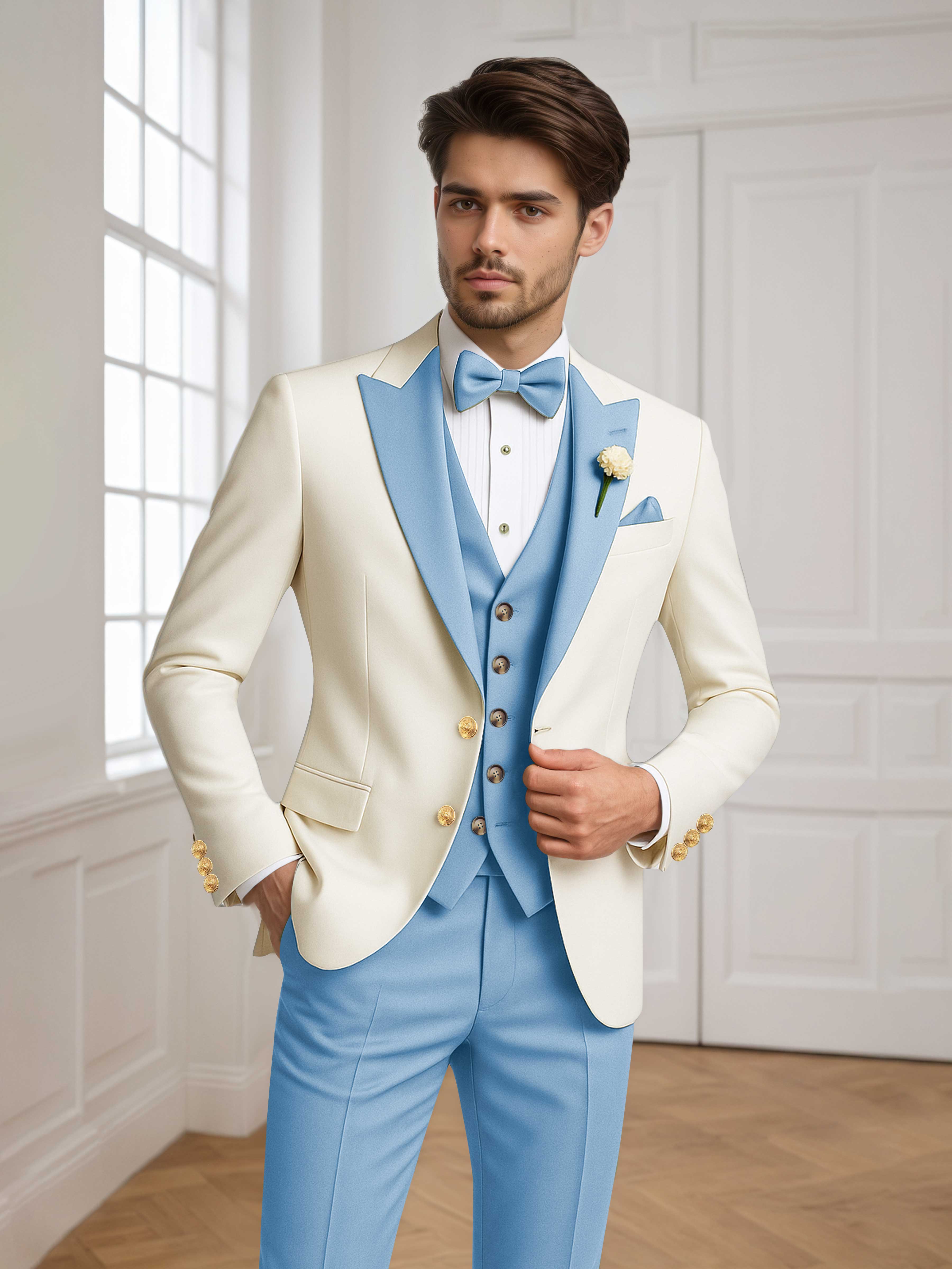 Two Tone Peak Lapel Men's 3 Pieces Wedding Suit for Groom & Events