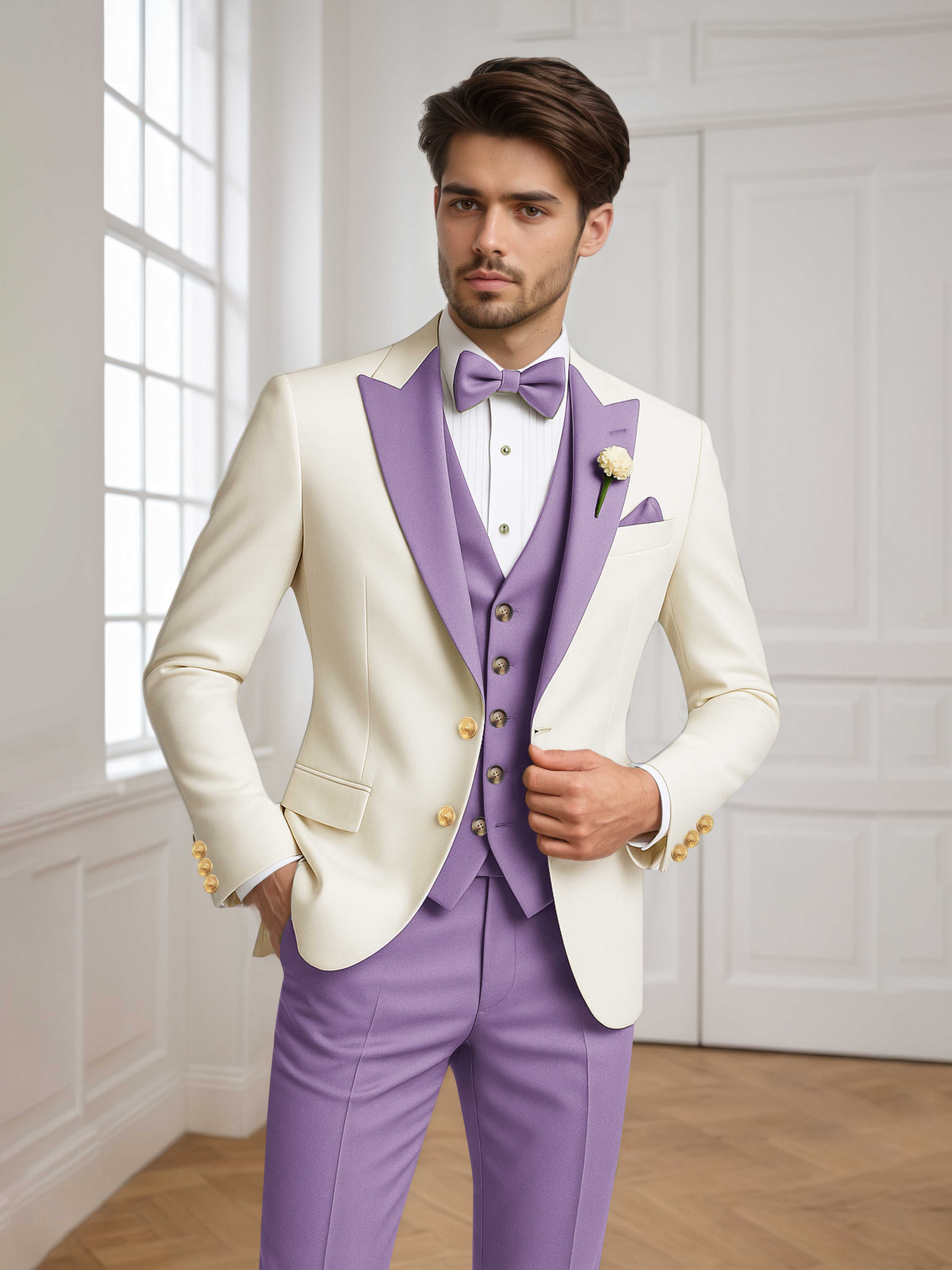 Two Tone Peak Lapel Men's 3 Pieces Wedding Suit for Groom & Events