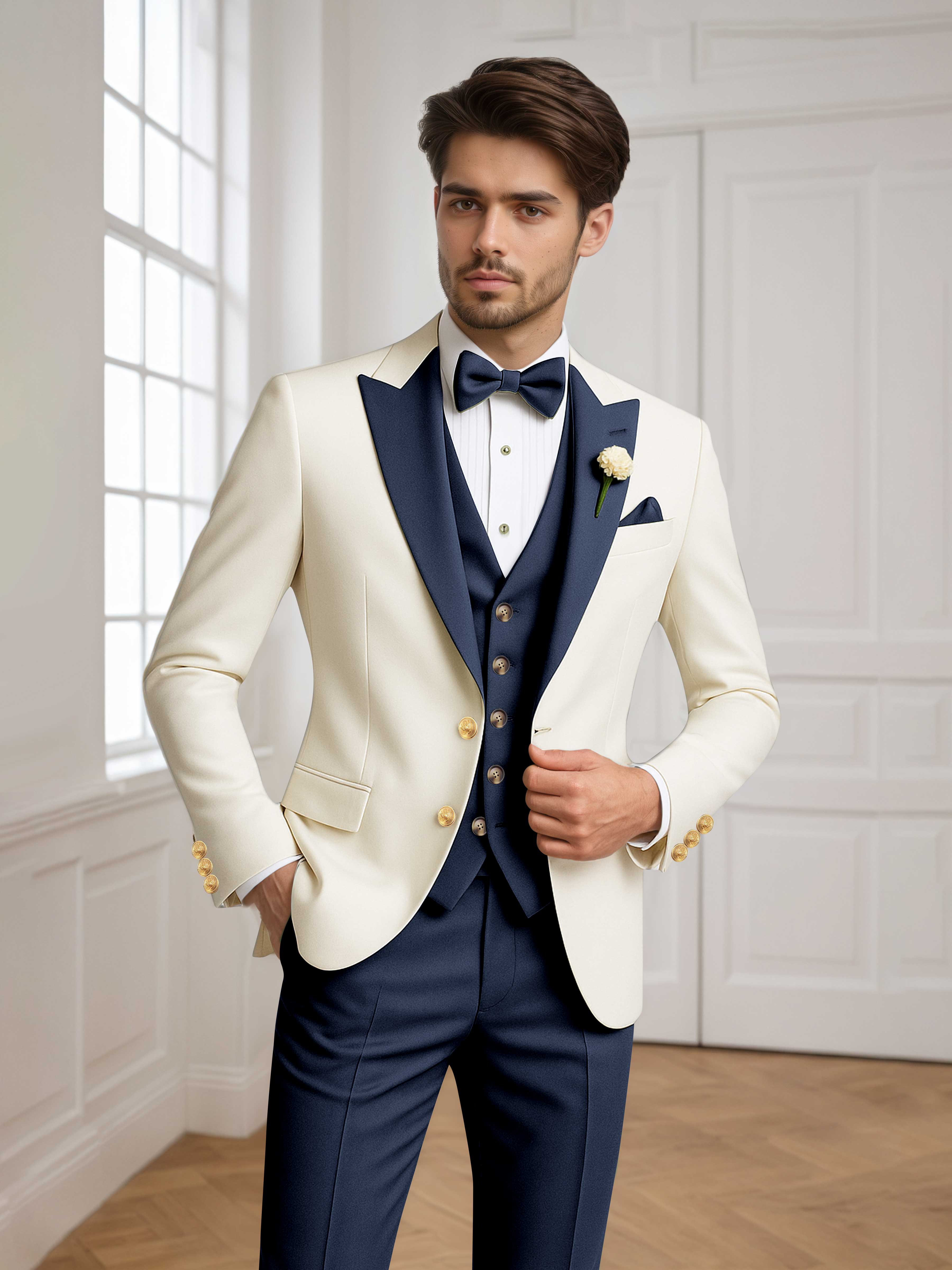 Two Tone Peak Lapel Men's 3 Pieces Wedding Suit for Groom & Events