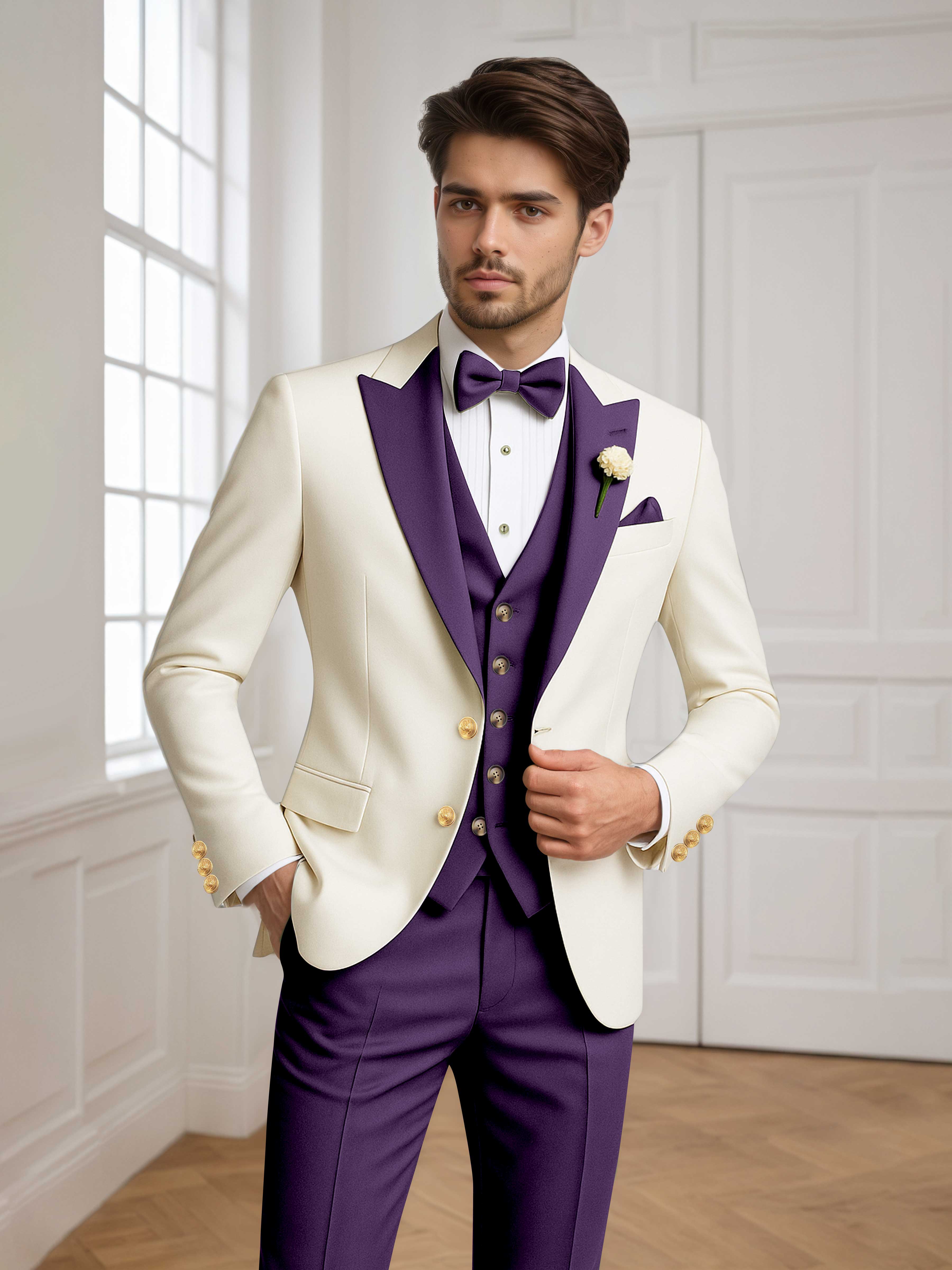 Two Tone Peak Lapel Men's 3 Pieces Wedding Suit for Groom & Events