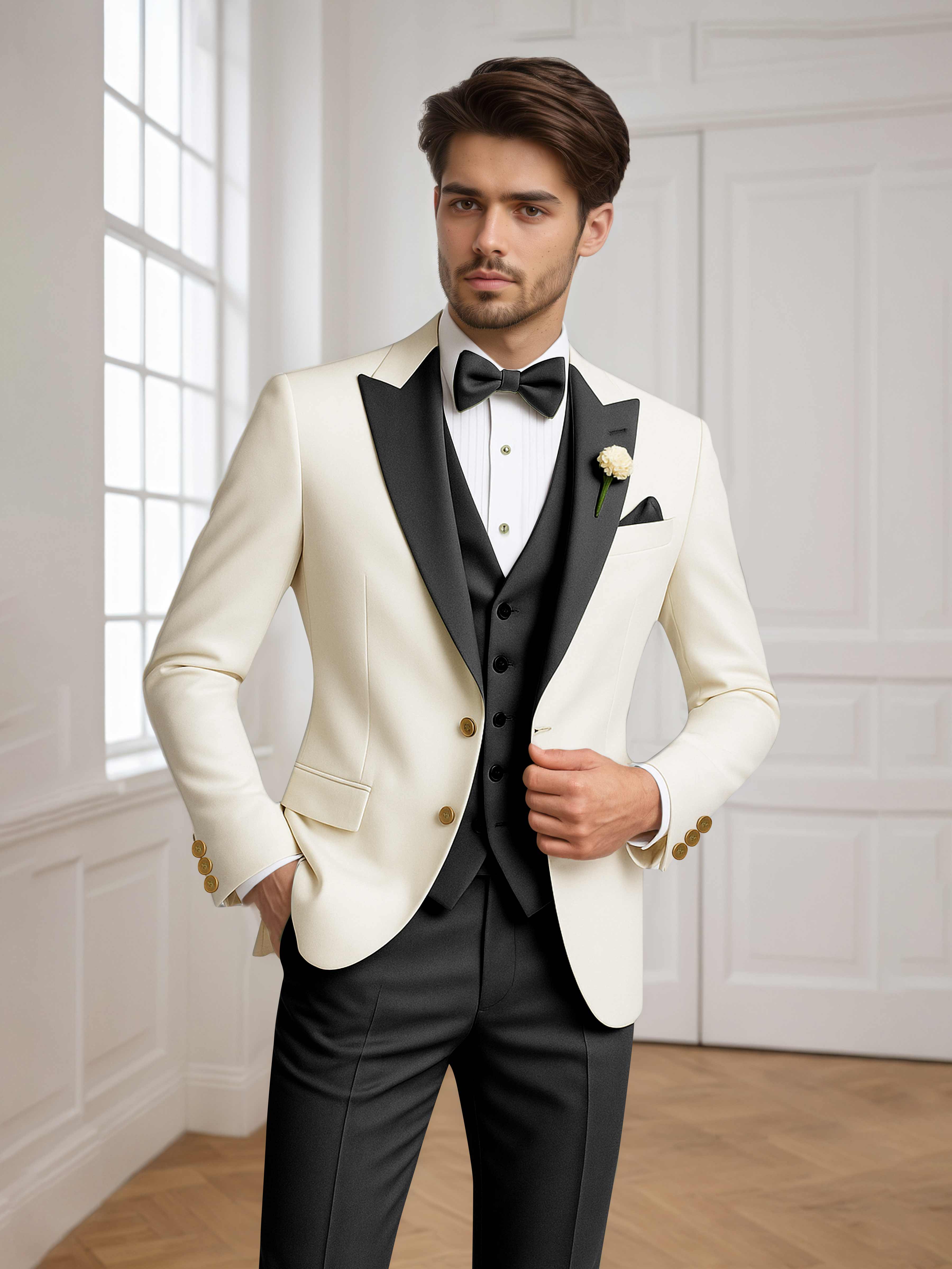 Two Tone Peak Lapel Men's 3 Pieces Wedding Suit for Groom & Events