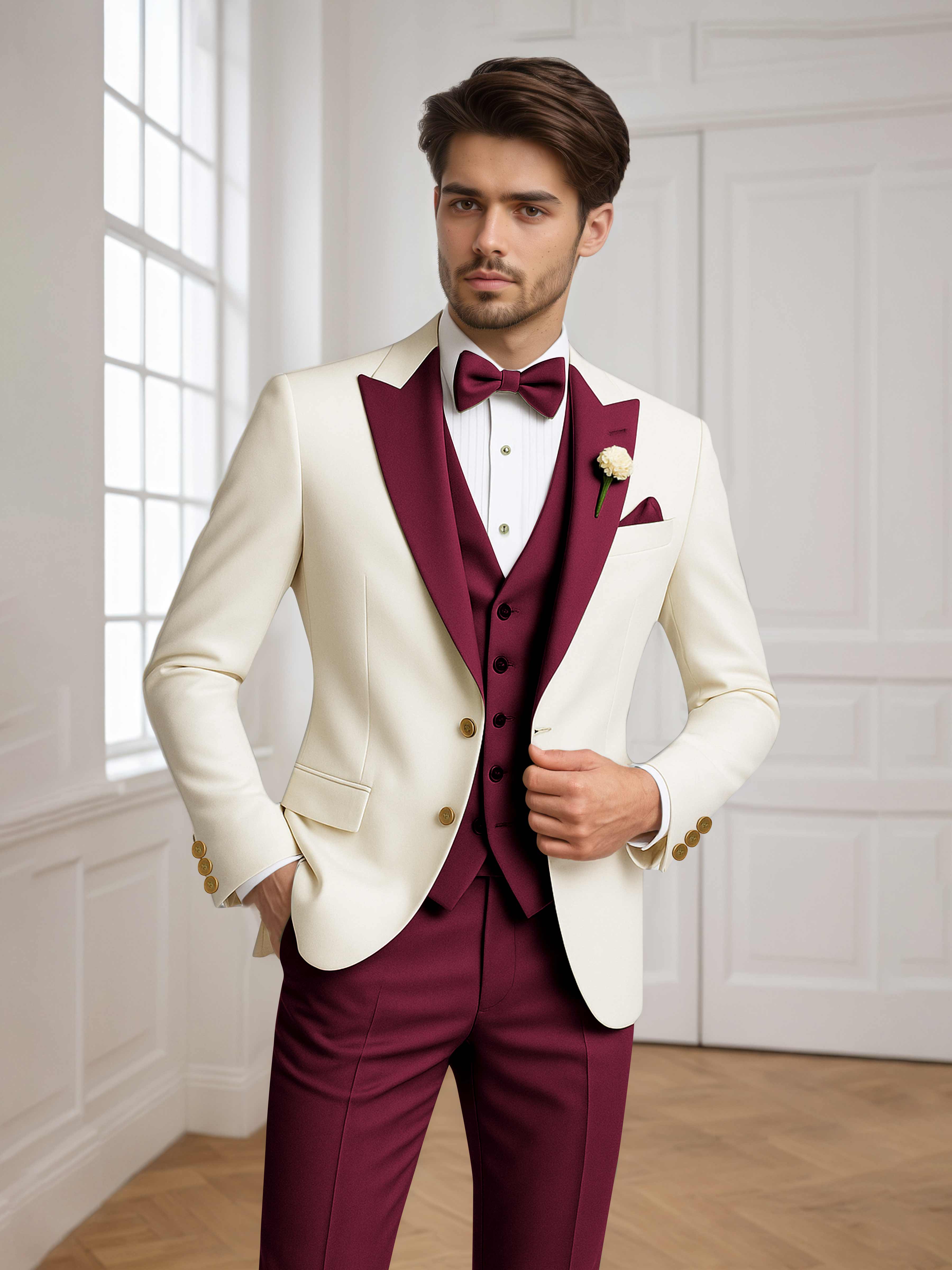 Two Tone Peak Lapel Men's 3 Pieces Wedding Suit for Groom & Events